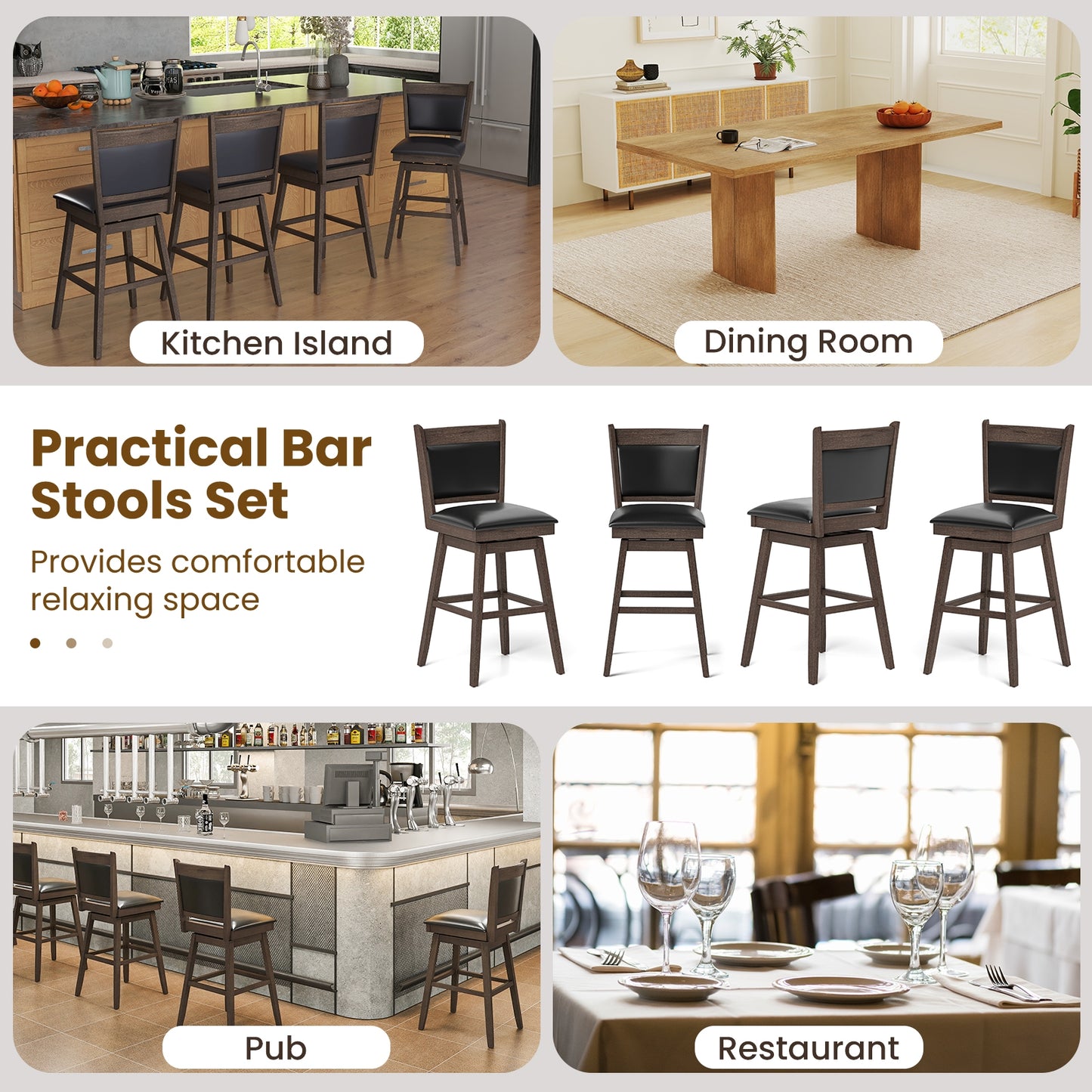 2-Piece Leather Padded Bar Stool Set with 29 Inch Swivel Seat and Footrest