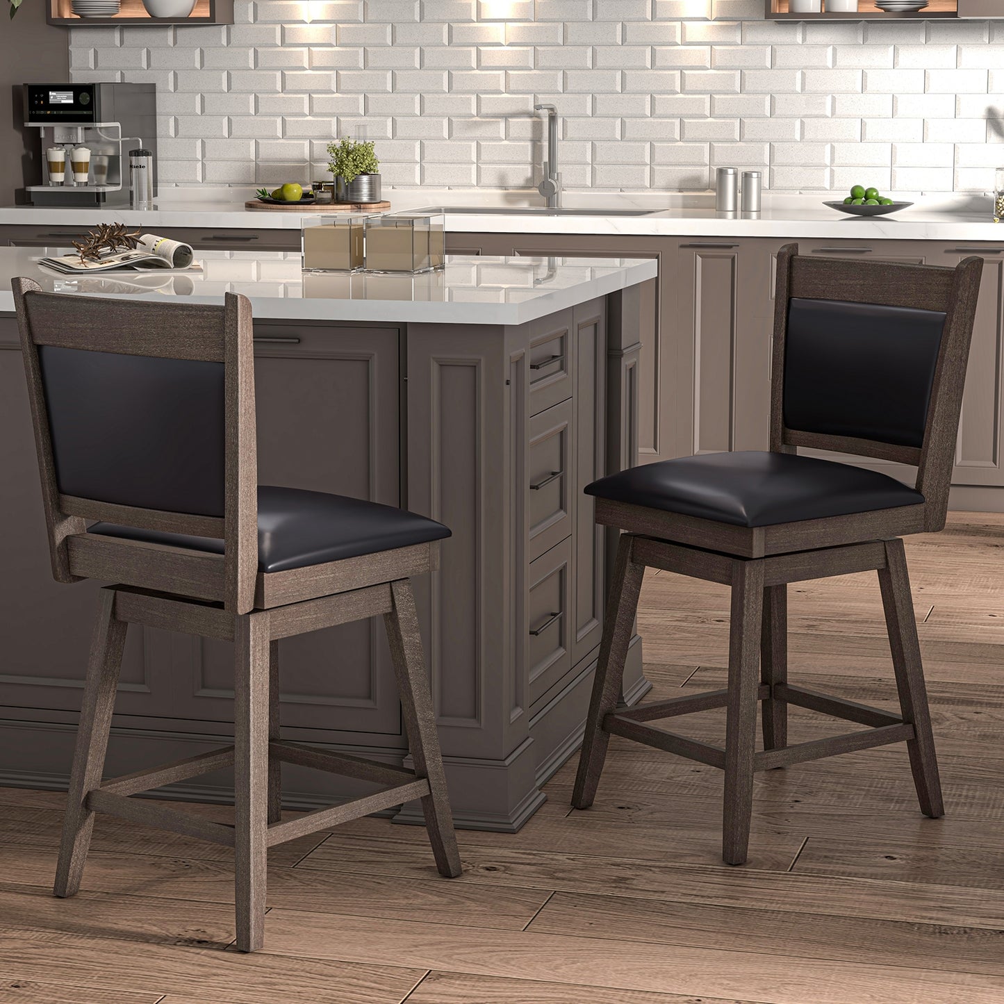 2-Piece Leather Padded Bar Stool Set with 25 Inch Swivel Seat and Footrest