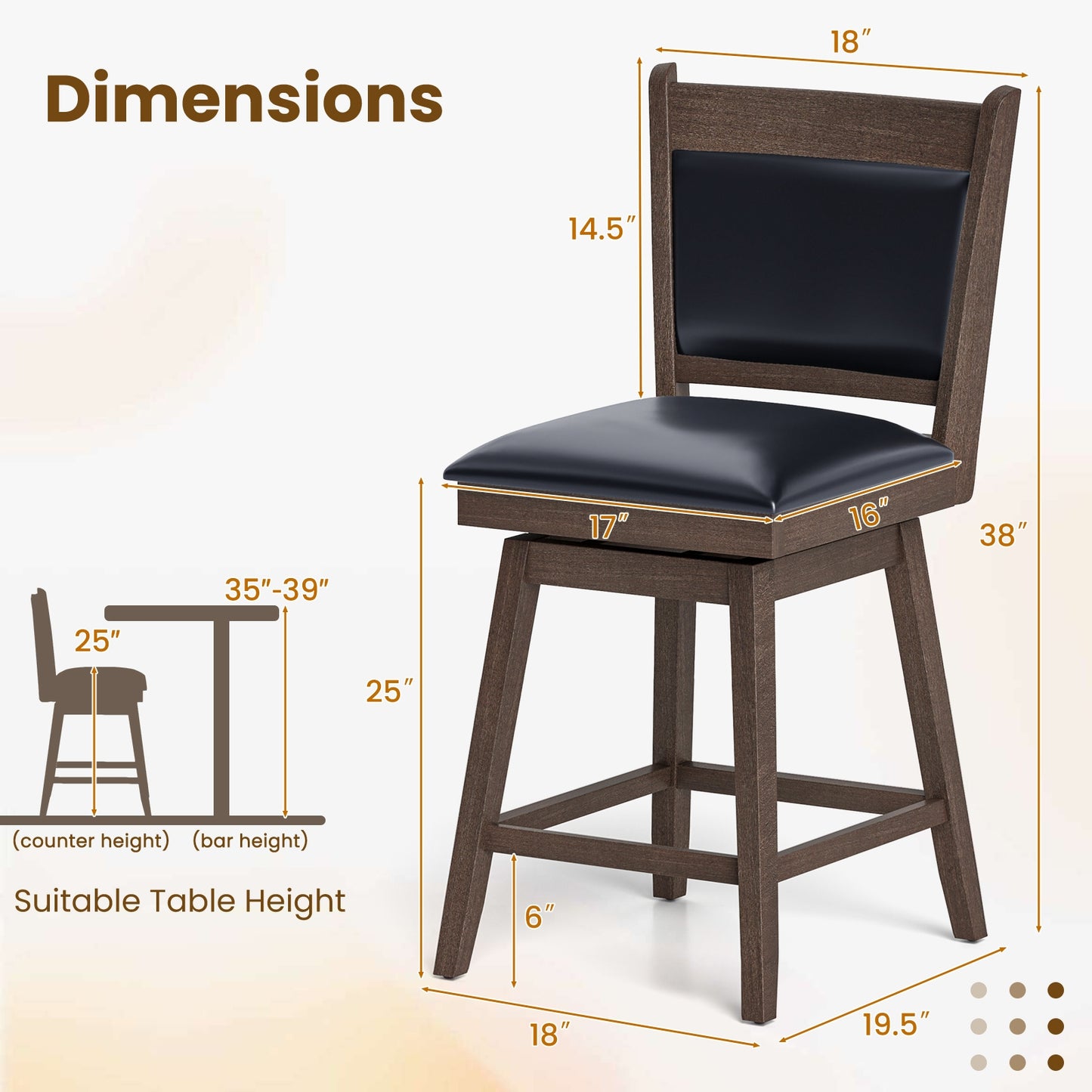 2-Piece Leather Padded Bar Stool Set with 25 Inch Swivel Seat and Footrest