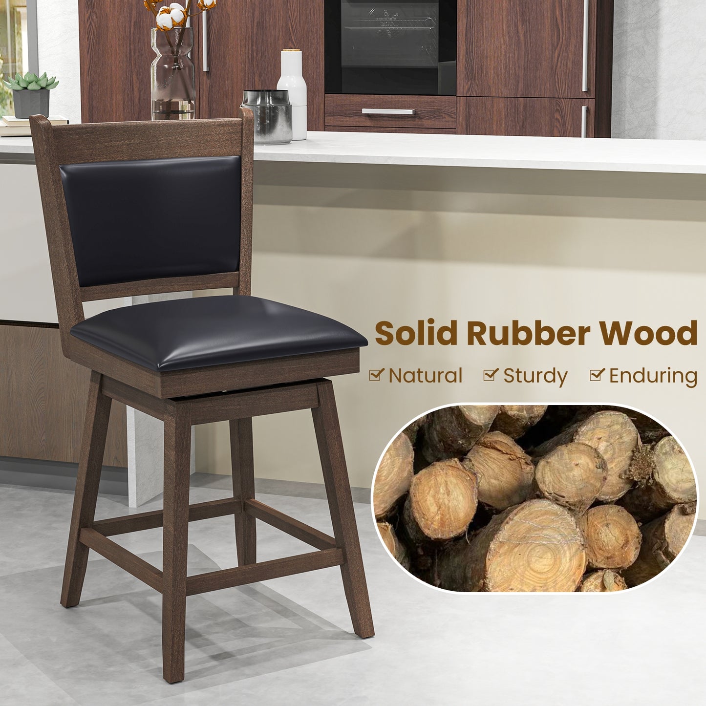 2-Piece Leather Padded Bar Stool Set with 25 Inch Swivel Seat and Footrest