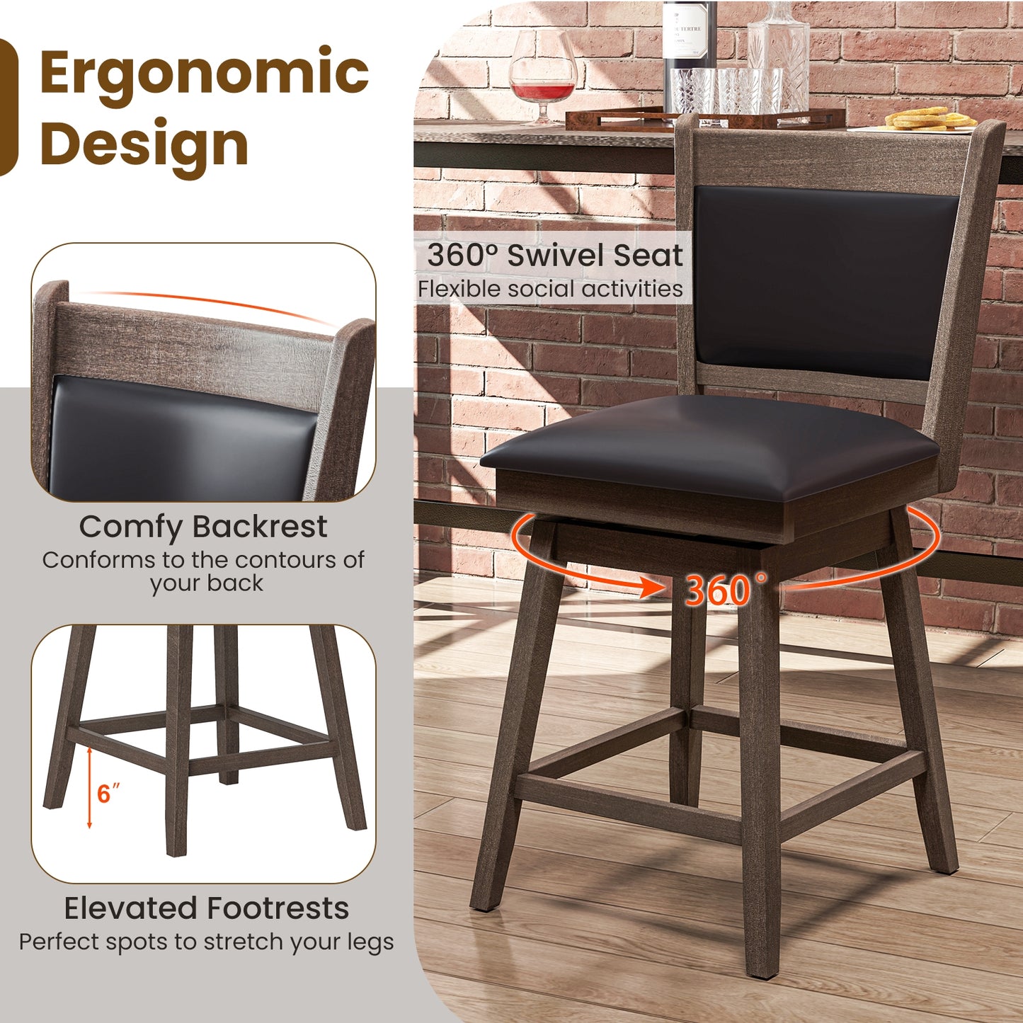 2-Piece Leather Padded Bar Stool Set with 25 Inch Swivel Seat and Footrest