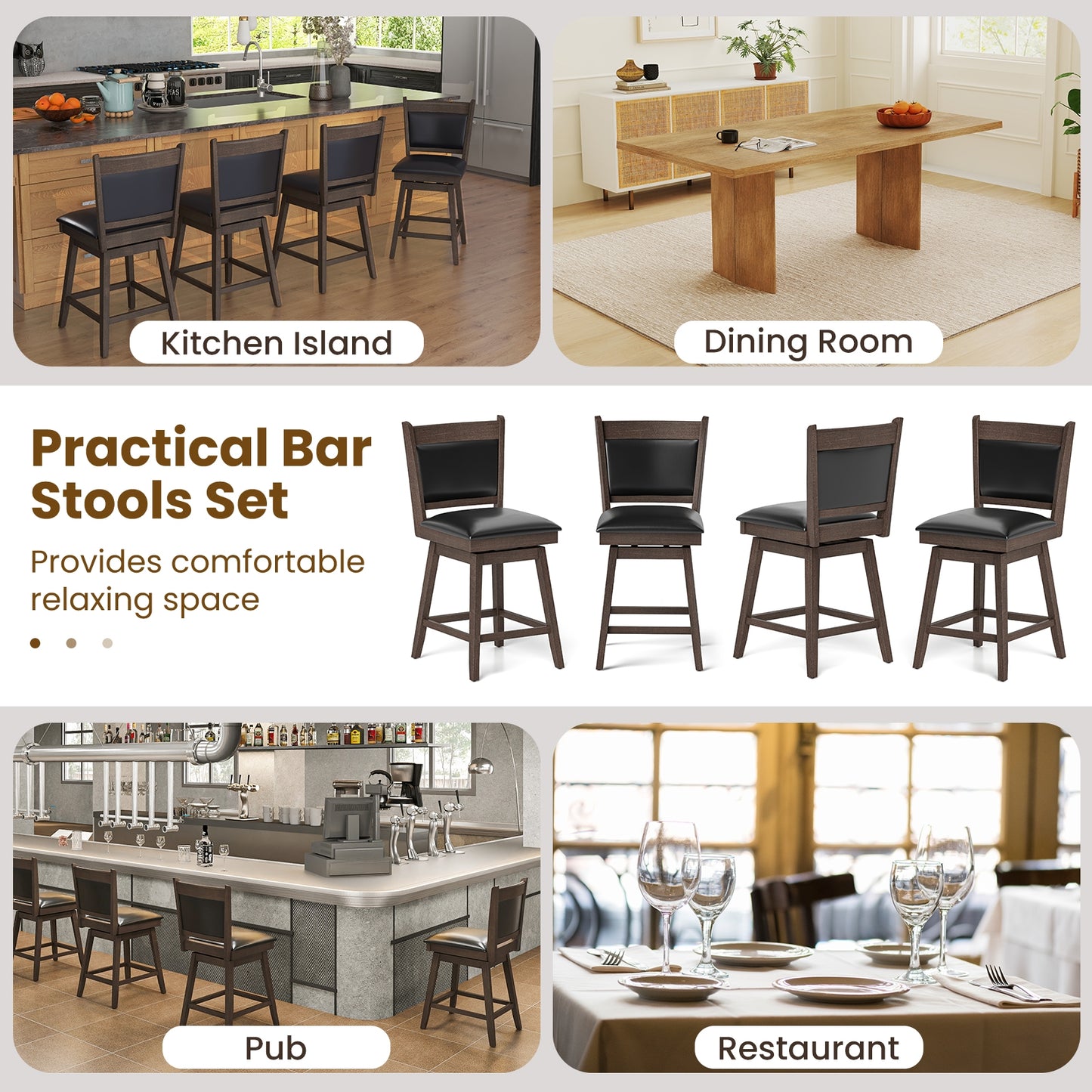 2-Piece Leather Padded Bar Stool Set with 25 Inch Swivel Seat and Footrest