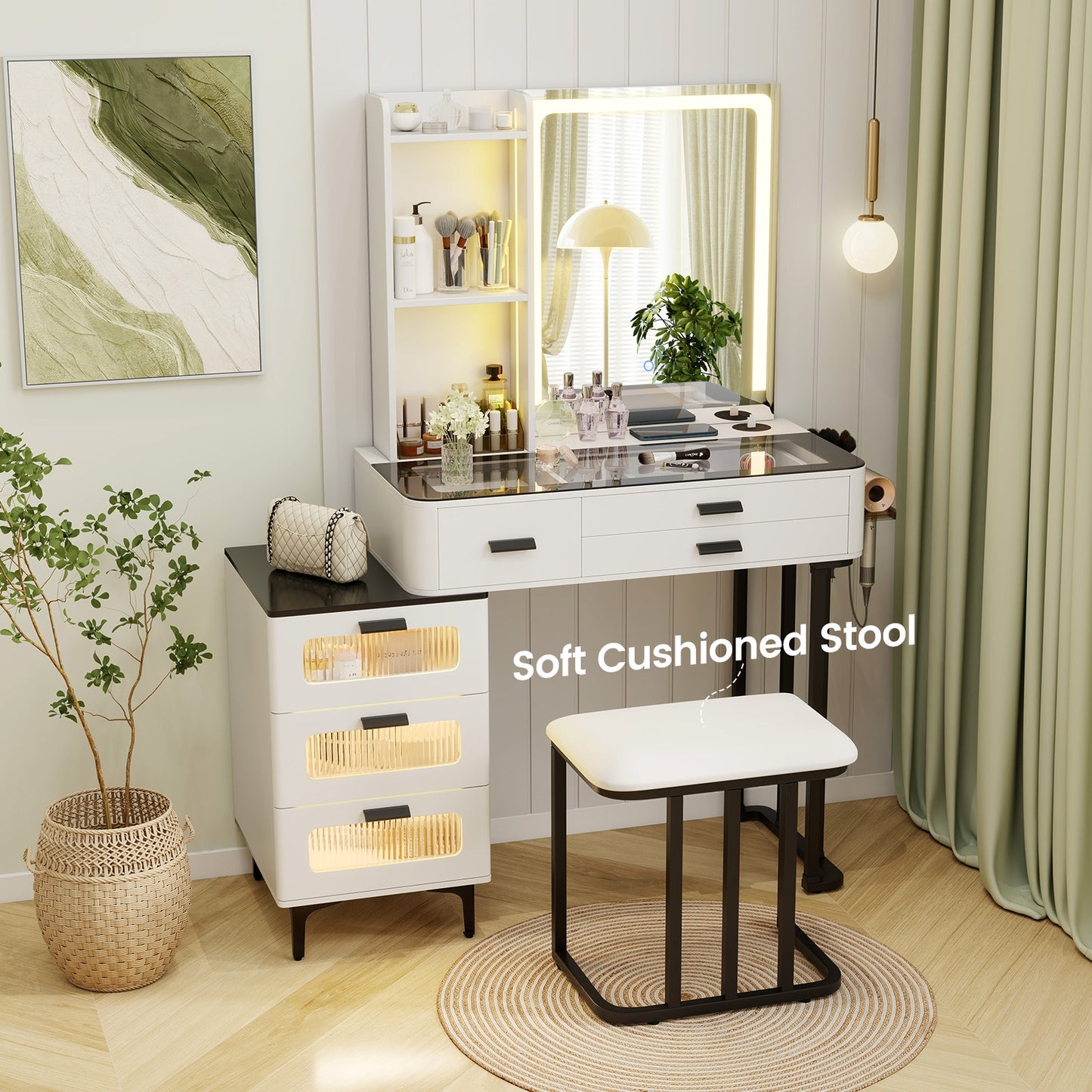 Makeup Vanity Set with LED Mirror, Stool & Charging Ports