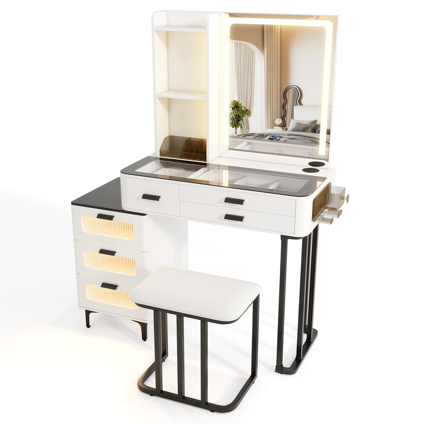 Makeup Vanity Set with LED Mirror, Stool & Charging Ports