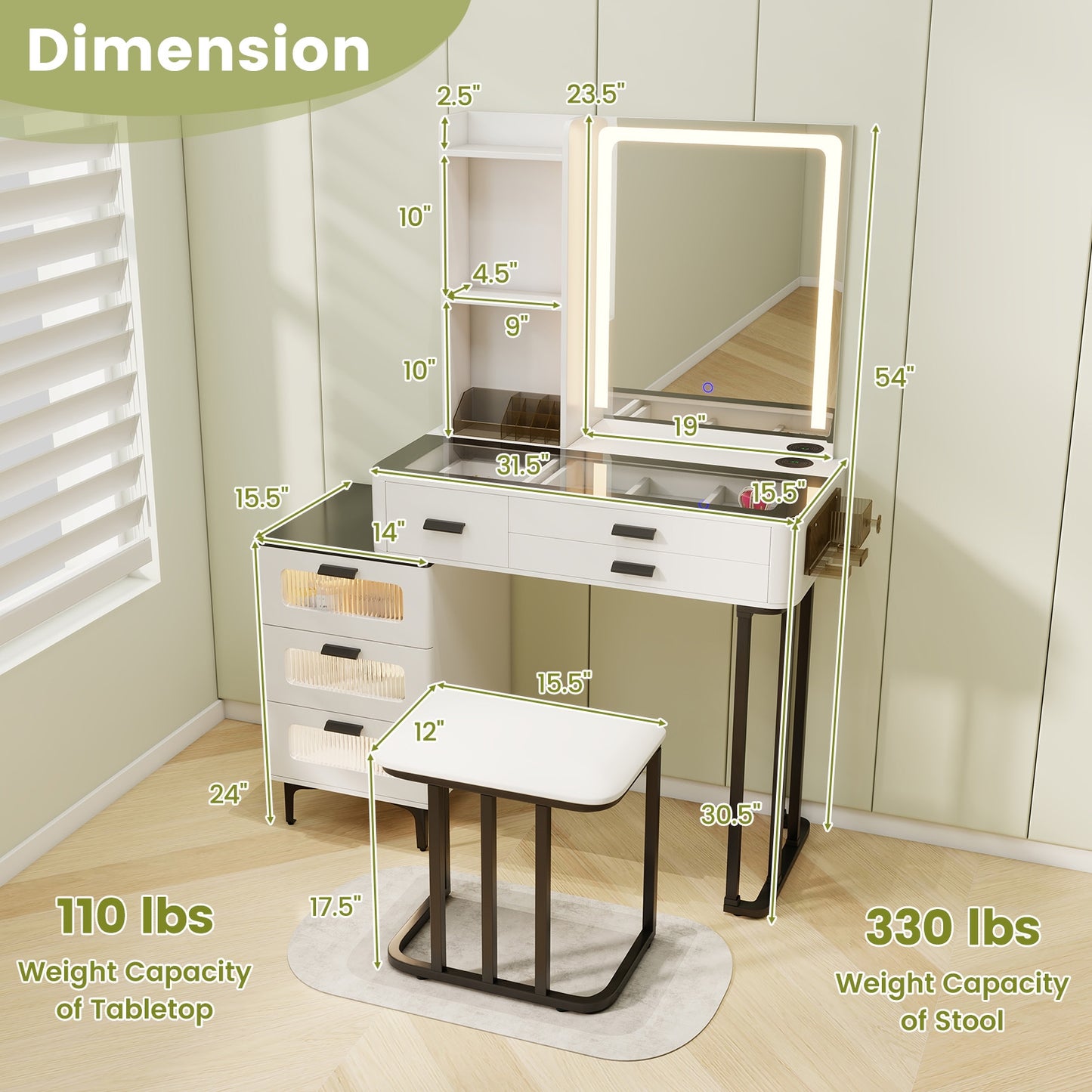 Makeup Vanity Set with LED Mirror, Stool & Charging Ports