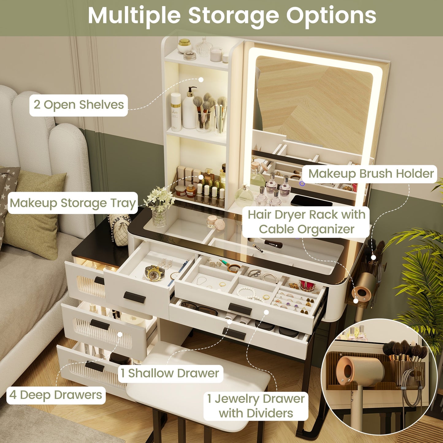 Makeup Vanity Set with LED Mirror, Stool & Charging Ports