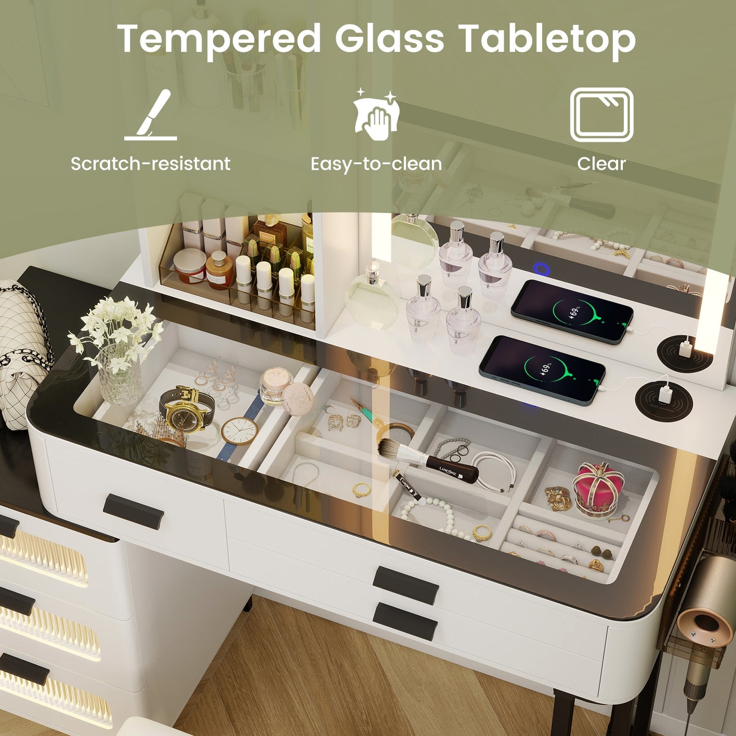 Makeup Vanity Set with LED Mirror, Stool & Charging Ports