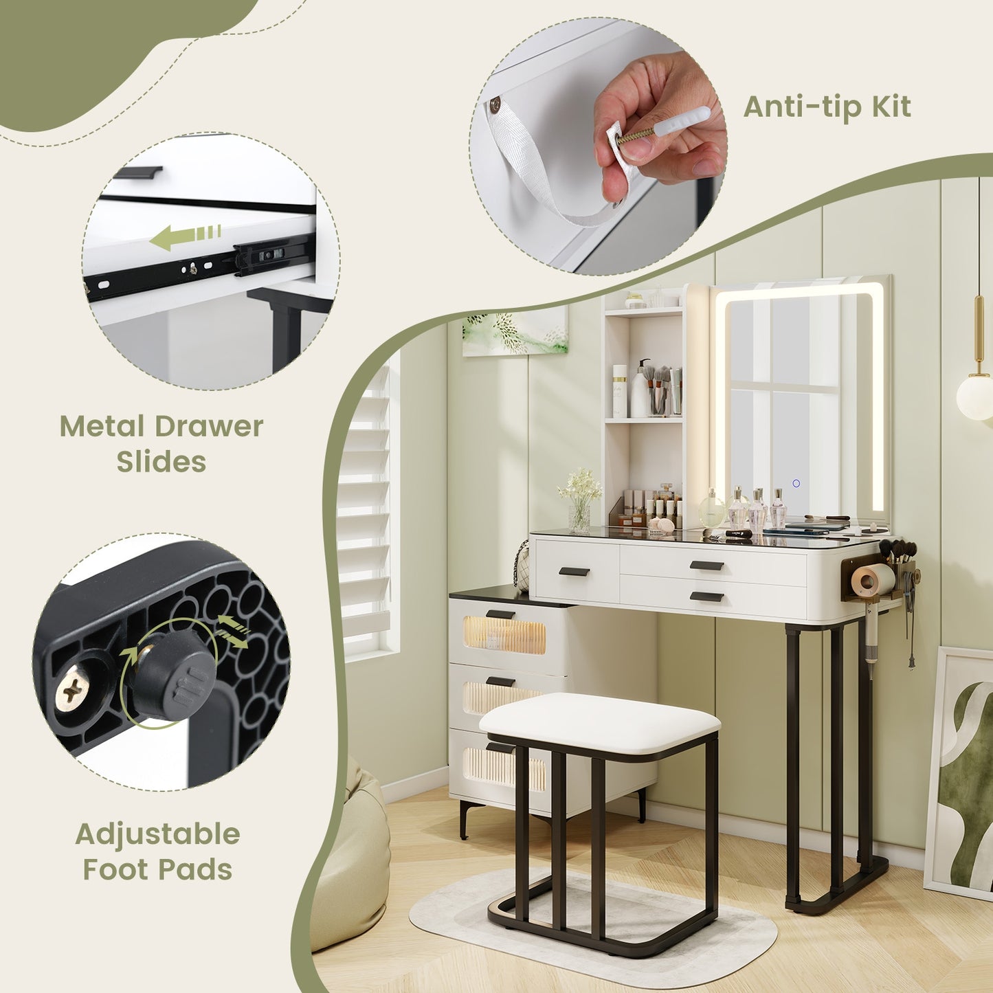 Makeup Vanity Set with LED Mirror, Stool & Charging Ports