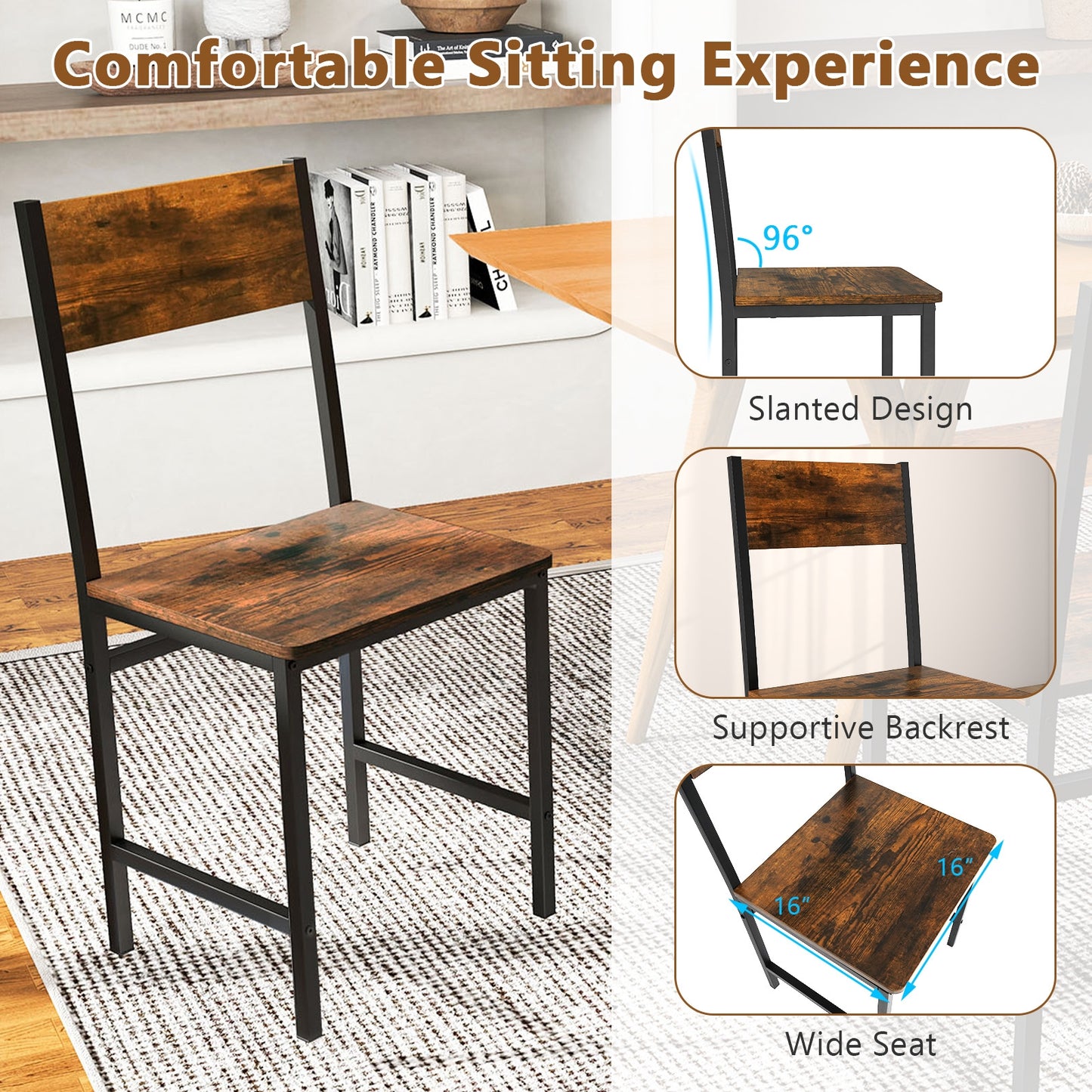 Set of 2 Industrial Metal Leg Kitchen Side Chairs with Ergonomic Slanted Backrest