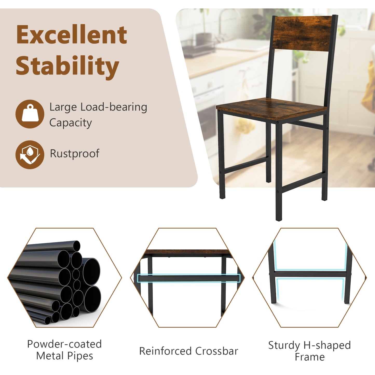 Set of 2 Industrial Metal Leg Kitchen Side Chairs with Ergonomic Slanted Backrest