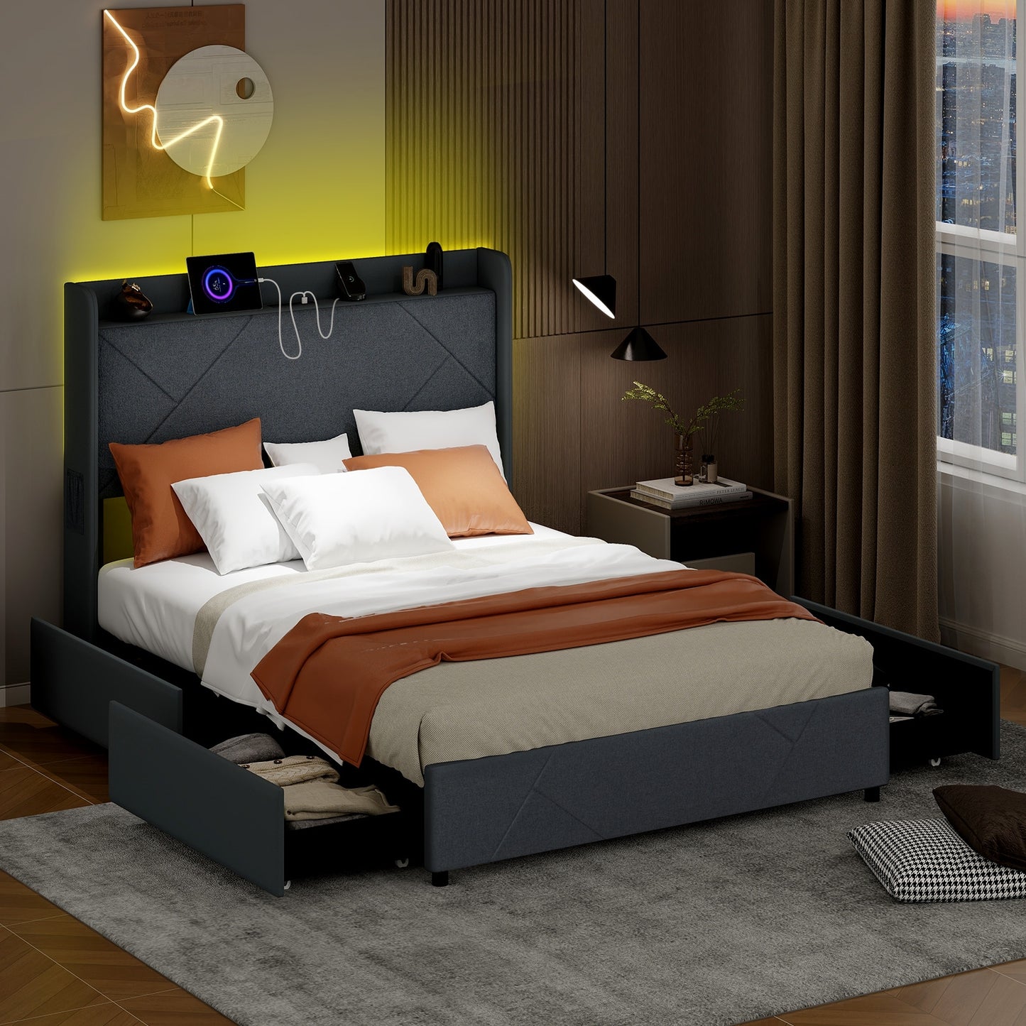 Modern Upholstered Bed Frame with LED Lights, Storage Drawers and Charging Station – Full & Queen Size