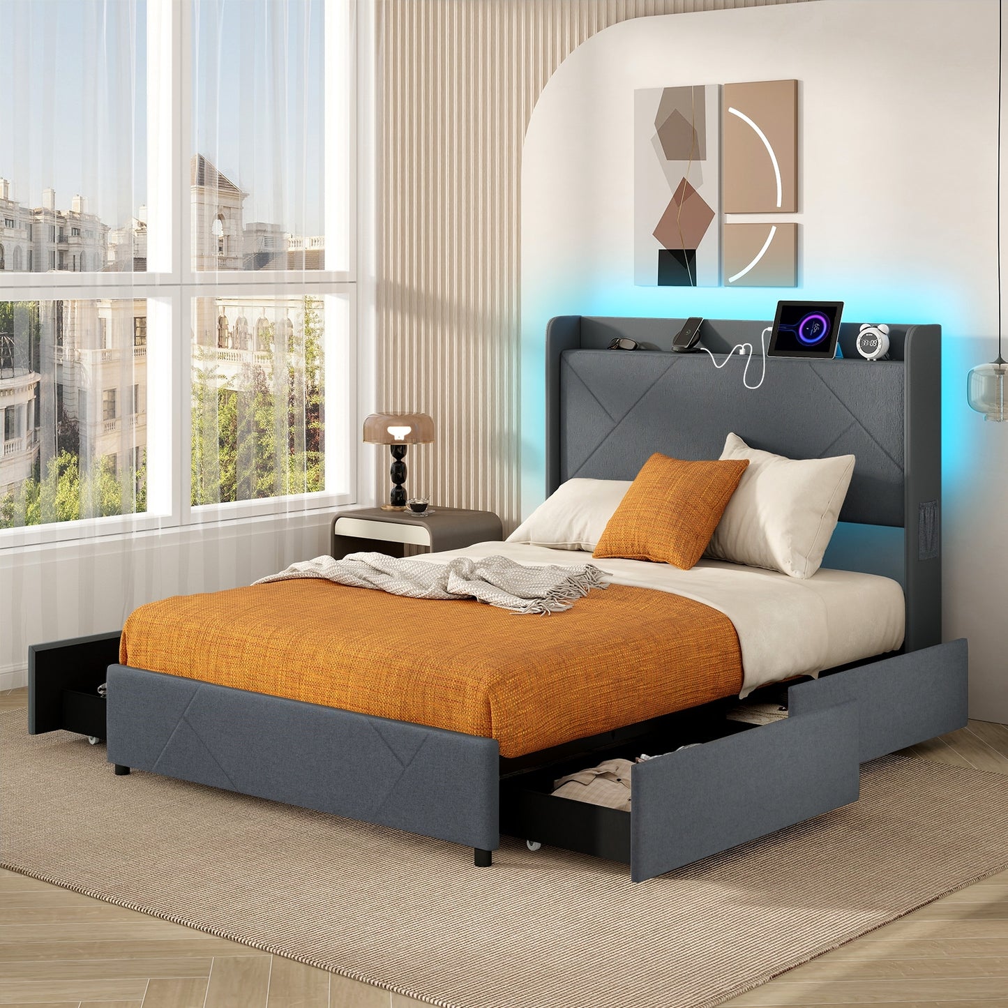 Modern Upholstered Bed Frame with LED Lights, Storage Drawers and Charging Station – Full & Queen Size