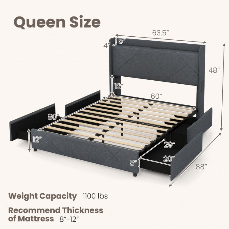 Modern Upholstered Bed Frame with LED Lights, Storage Drawers and Charging Station – Full & Queen Size