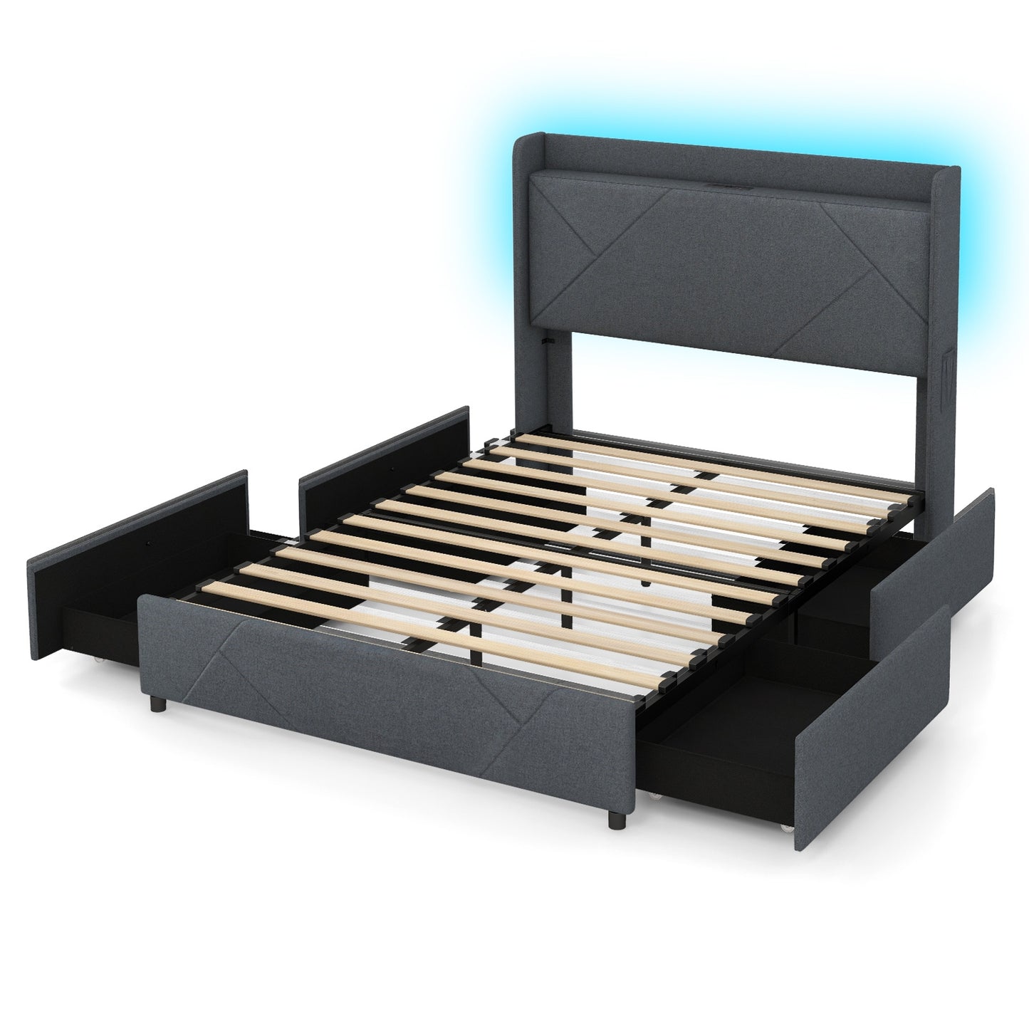 Modern Upholstered Bed Frame with LED Lights, Storage Drawers and Charging Station – Full & Queen Size