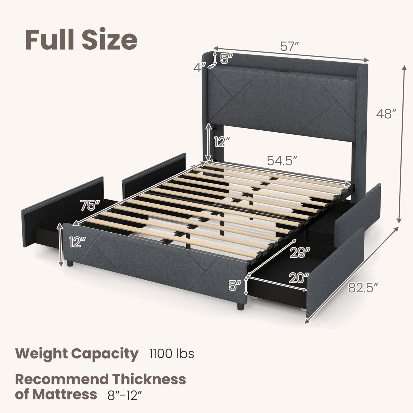 Modern Upholstered Bed Frame with LED Lights, Storage Drawers and Charging Station – Full & Queen Size