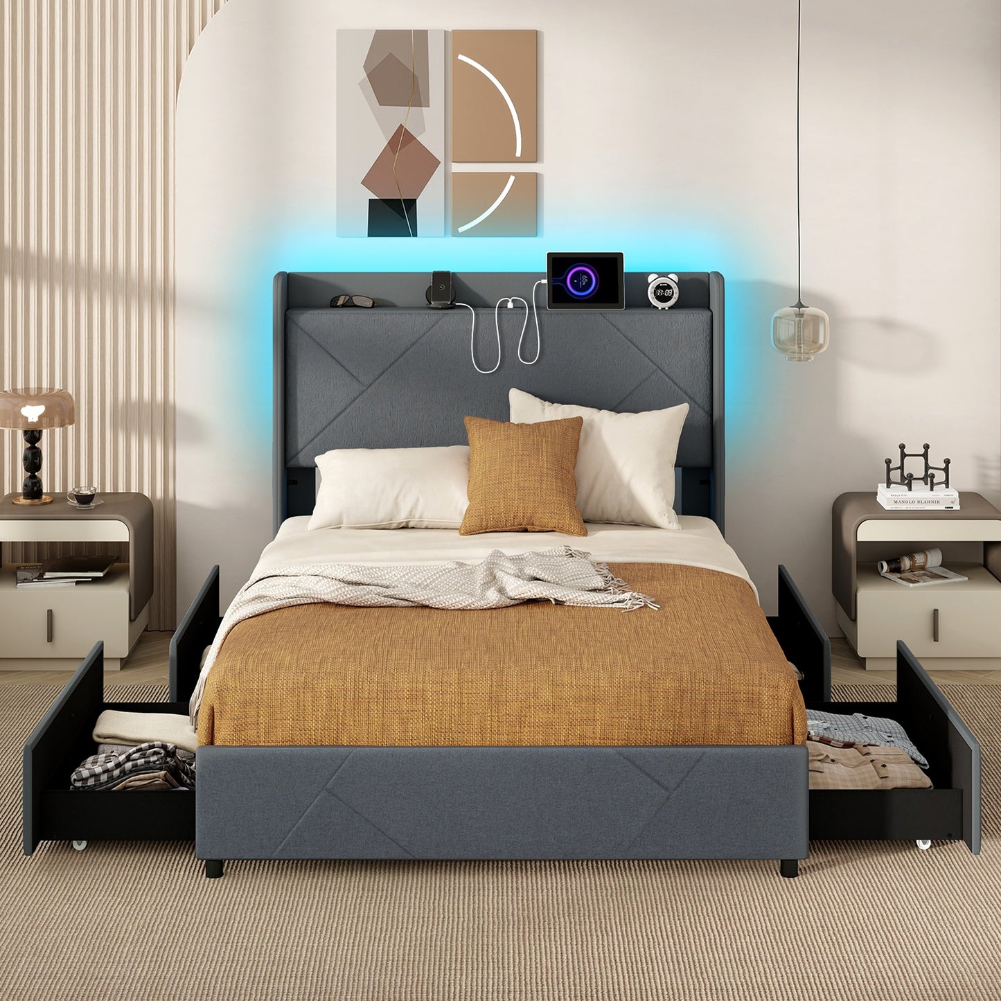 Modern Upholstered Bed Frame with LED Lights, Storage Drawers and Charging Station – Full & Queen Size