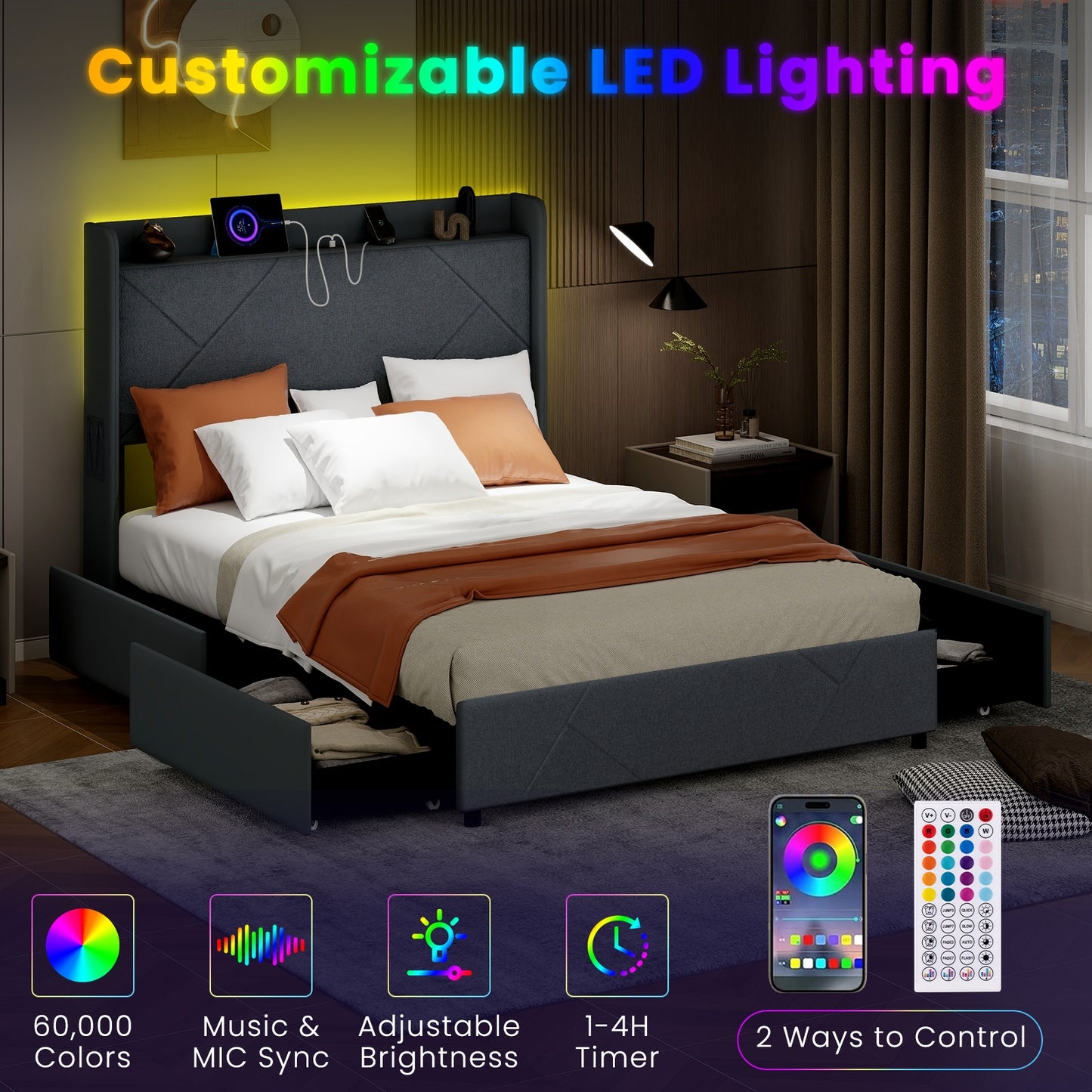 Modern Upholstered Bed Frame with LED Lights, Storage Drawers and Charging Station – Full & Queen Size