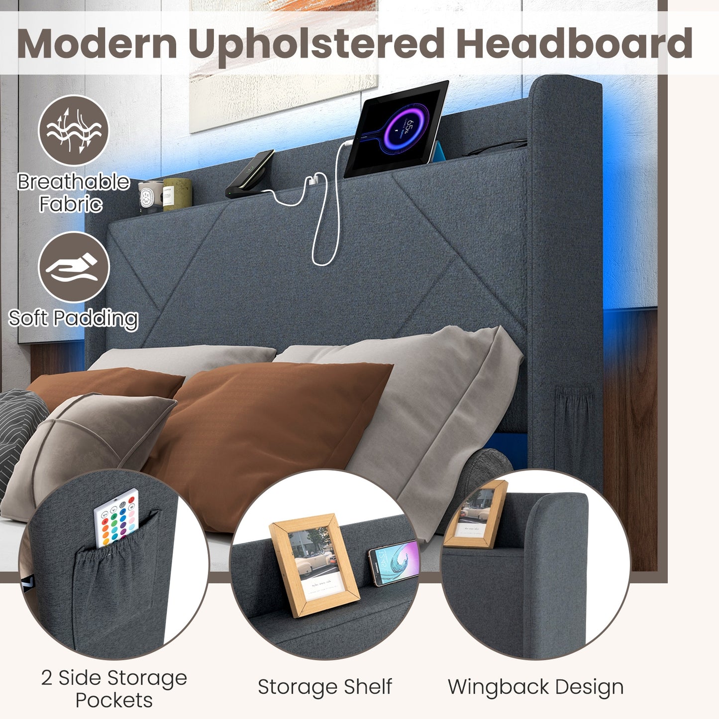 Modern Upholstered Bed Frame with LED Lights, Storage Drawers and Charging Station – Full & Queen Size