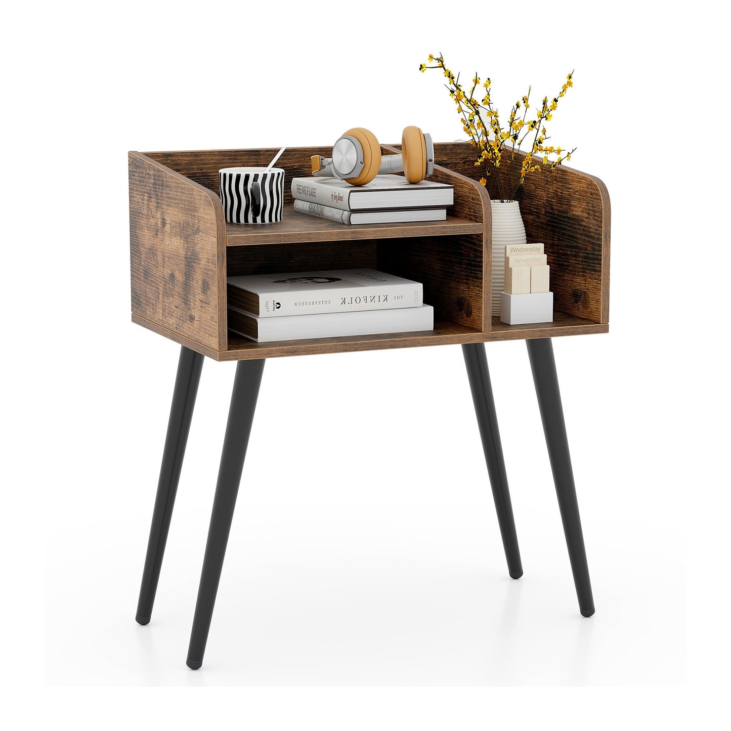 Mid-Century Modern Nightstand with Open Shelves and Side Storage, Brown Finish