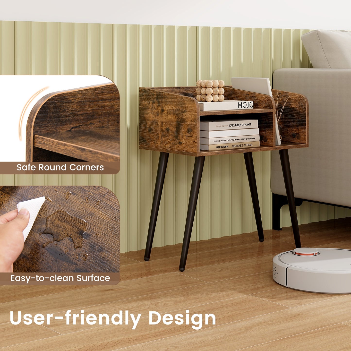 Mid-Century Modern Nightstand with Open Shelves and Side Storage, Brown Finish
