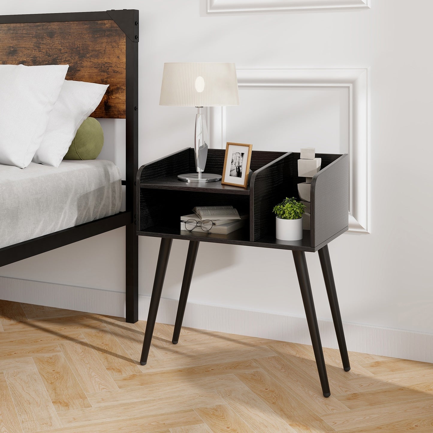 Mid-Century Modern Nightstand with Open Shelves and Side Storage, Black