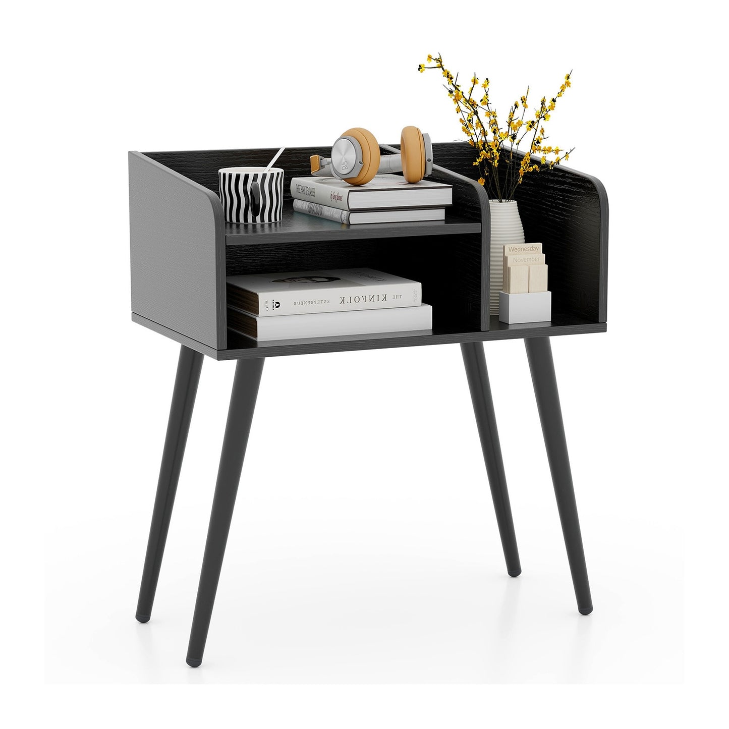 Mid-Century Modern Nightstand with Open Shelves and Side Storage, Black