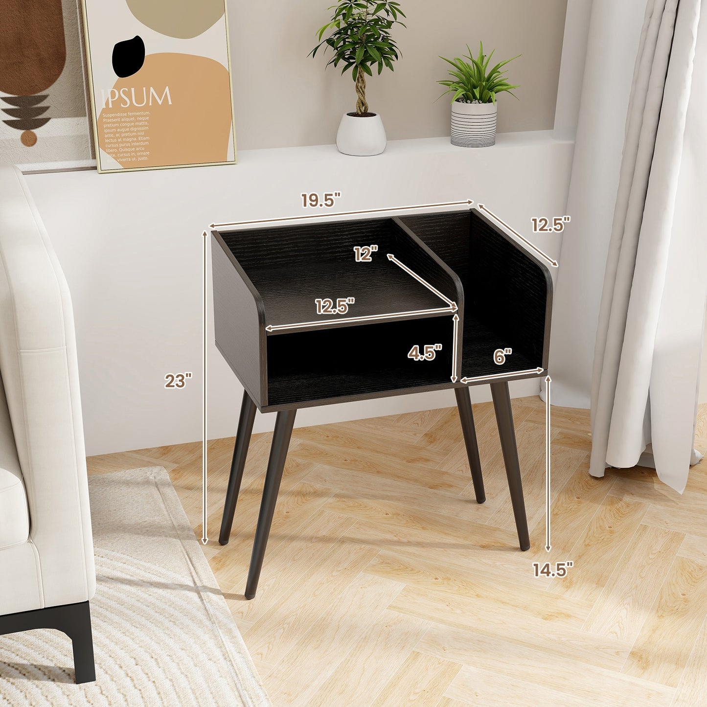 Mid-Century Modern Nightstand with Open Shelves and Side Storage, Black