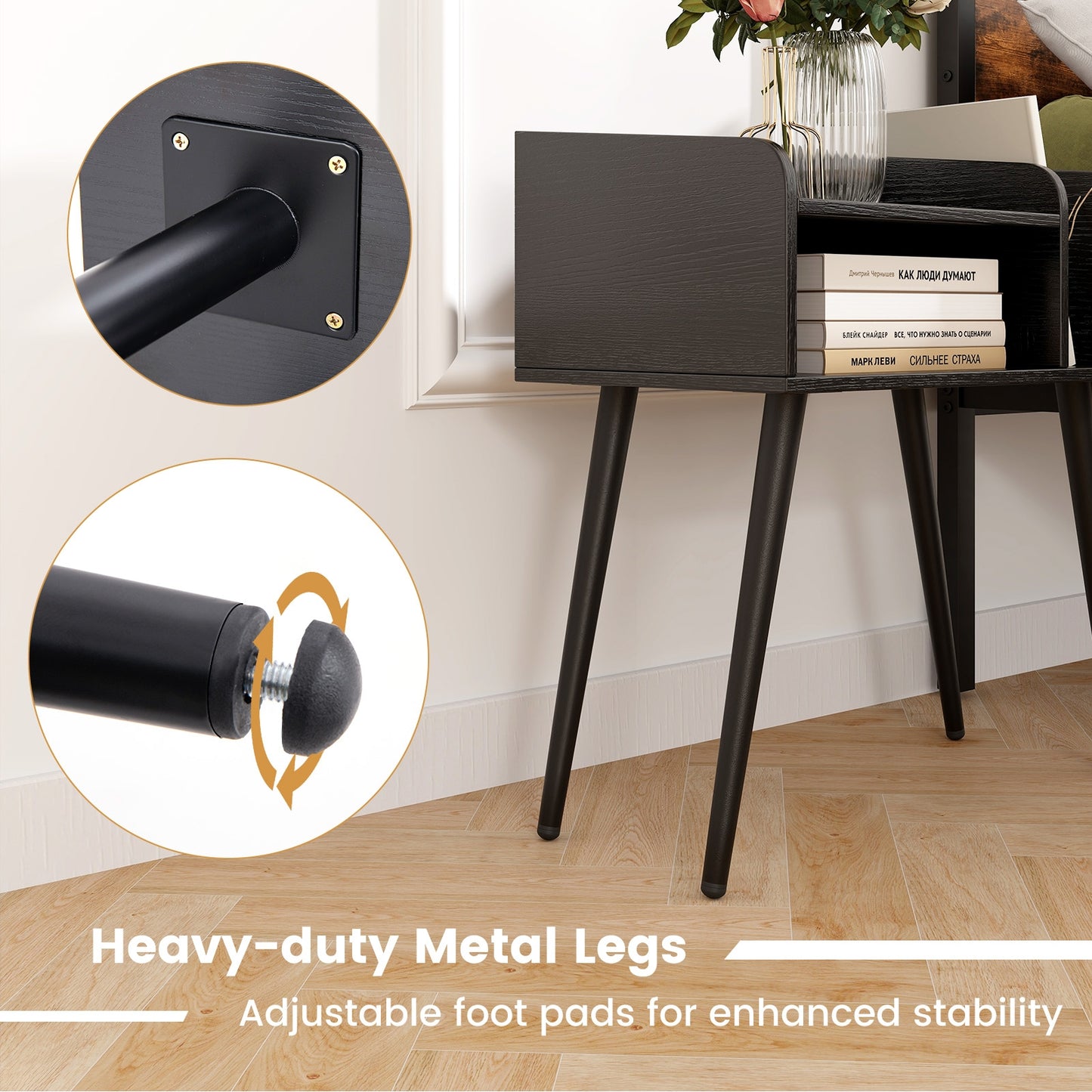 Mid-Century Modern Nightstand with Open Shelves and Side Storage, Black