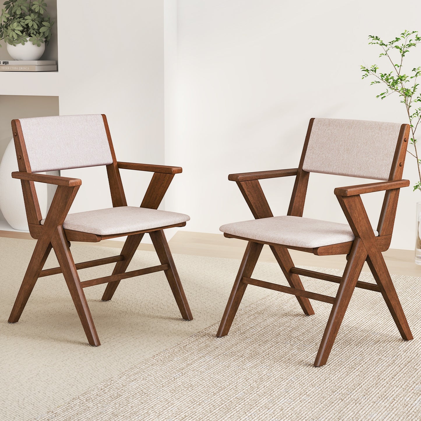 Farmhouse Dining Chairs with Curved Back and Linen Seat Rubber Wood Frame Set of 2