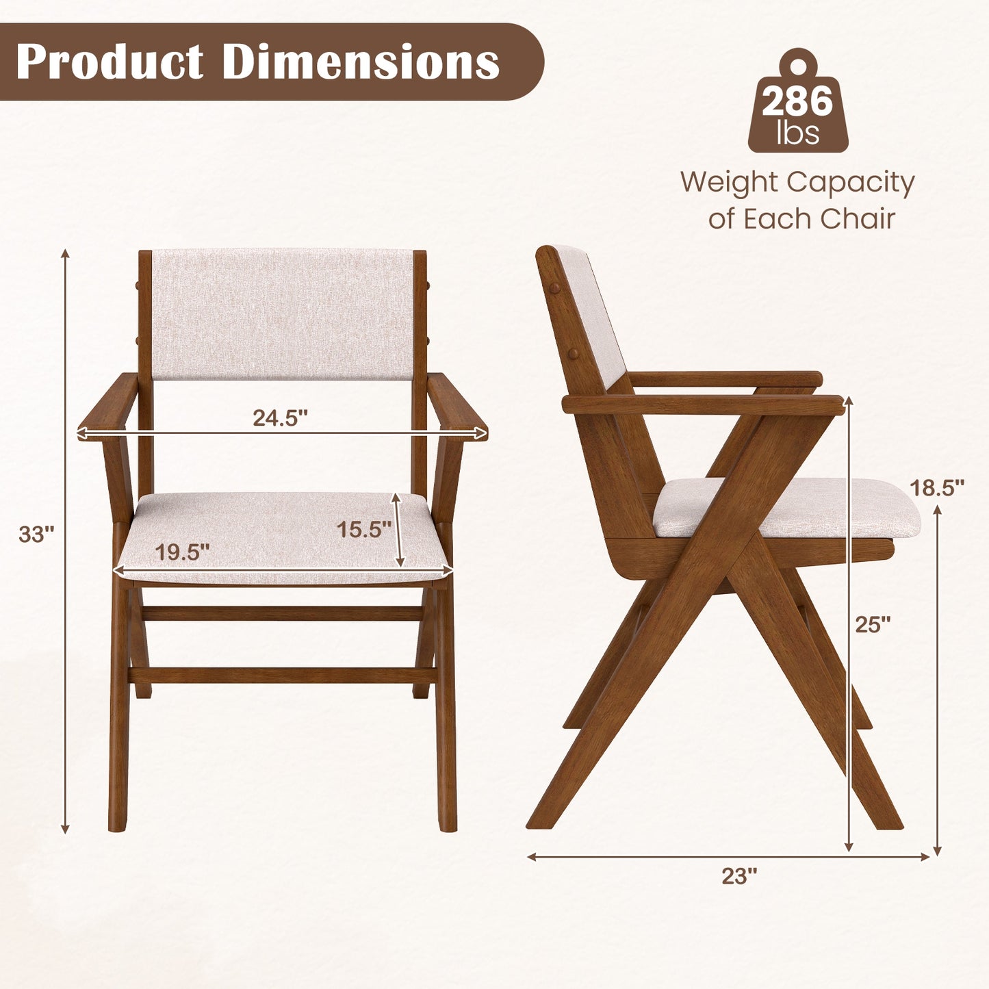 Farmhouse Dining Chairs with Curved Back and Linen Seat Rubber Wood Frame Set of 2