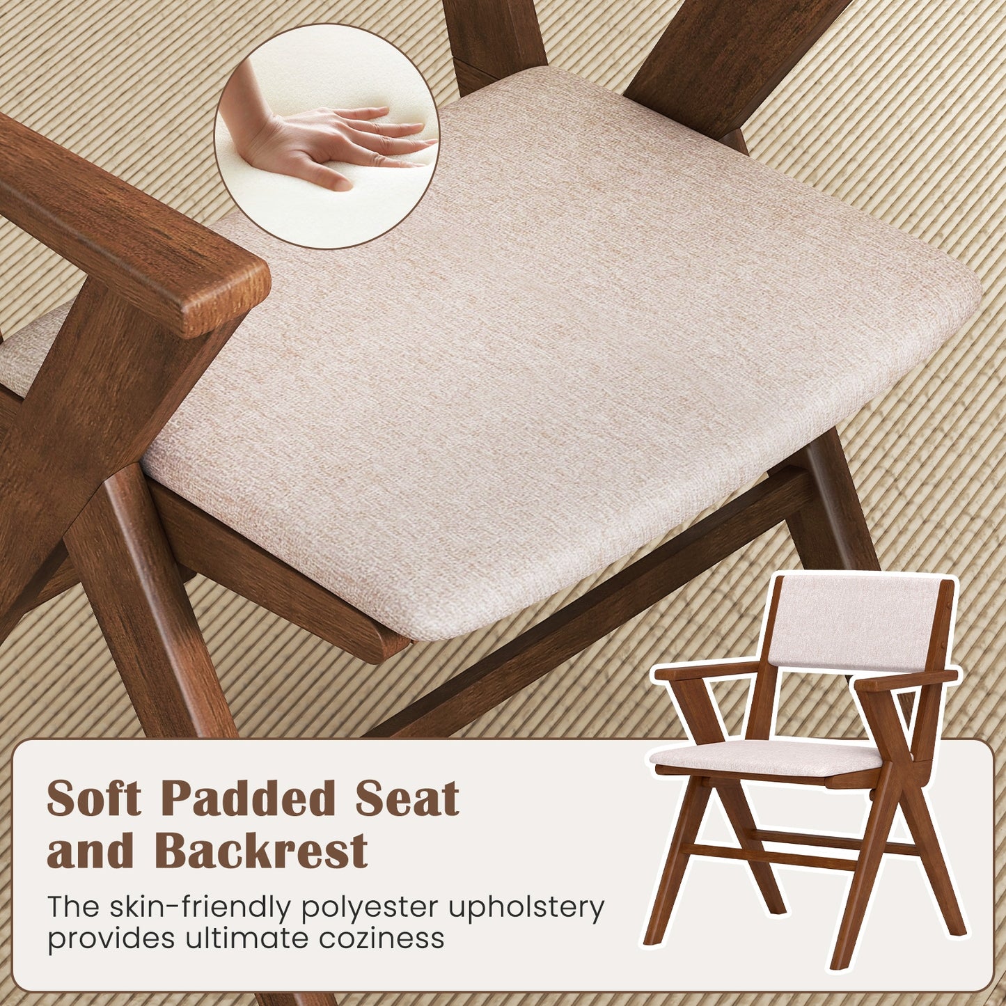 Farmhouse Dining Chairs with Curved Back and Linen Seat Rubber Wood Frame Set of 2