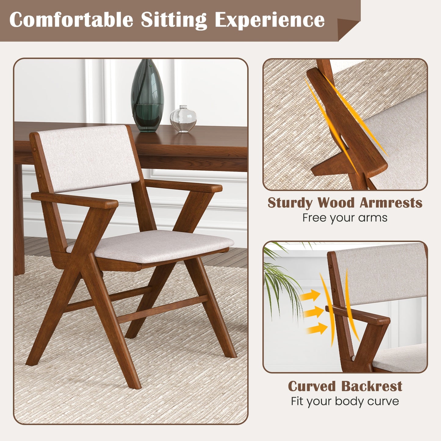 Farmhouse Dining Chairs with Curved Back and Linen Seat Rubber Wood Frame Set of 2