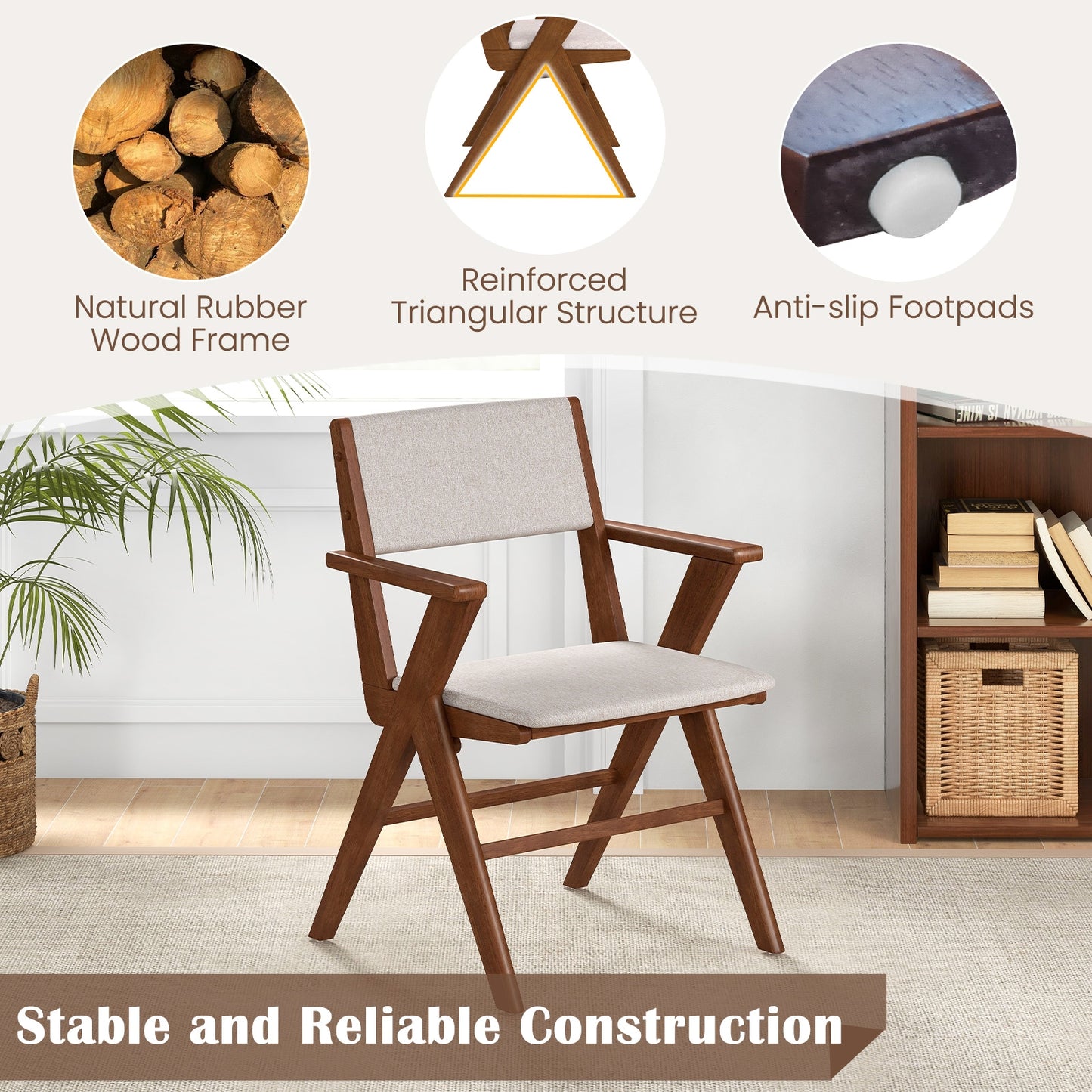 Farmhouse Dining Chairs with Curved Back and Linen Seat Rubber Wood Frame Set of 2