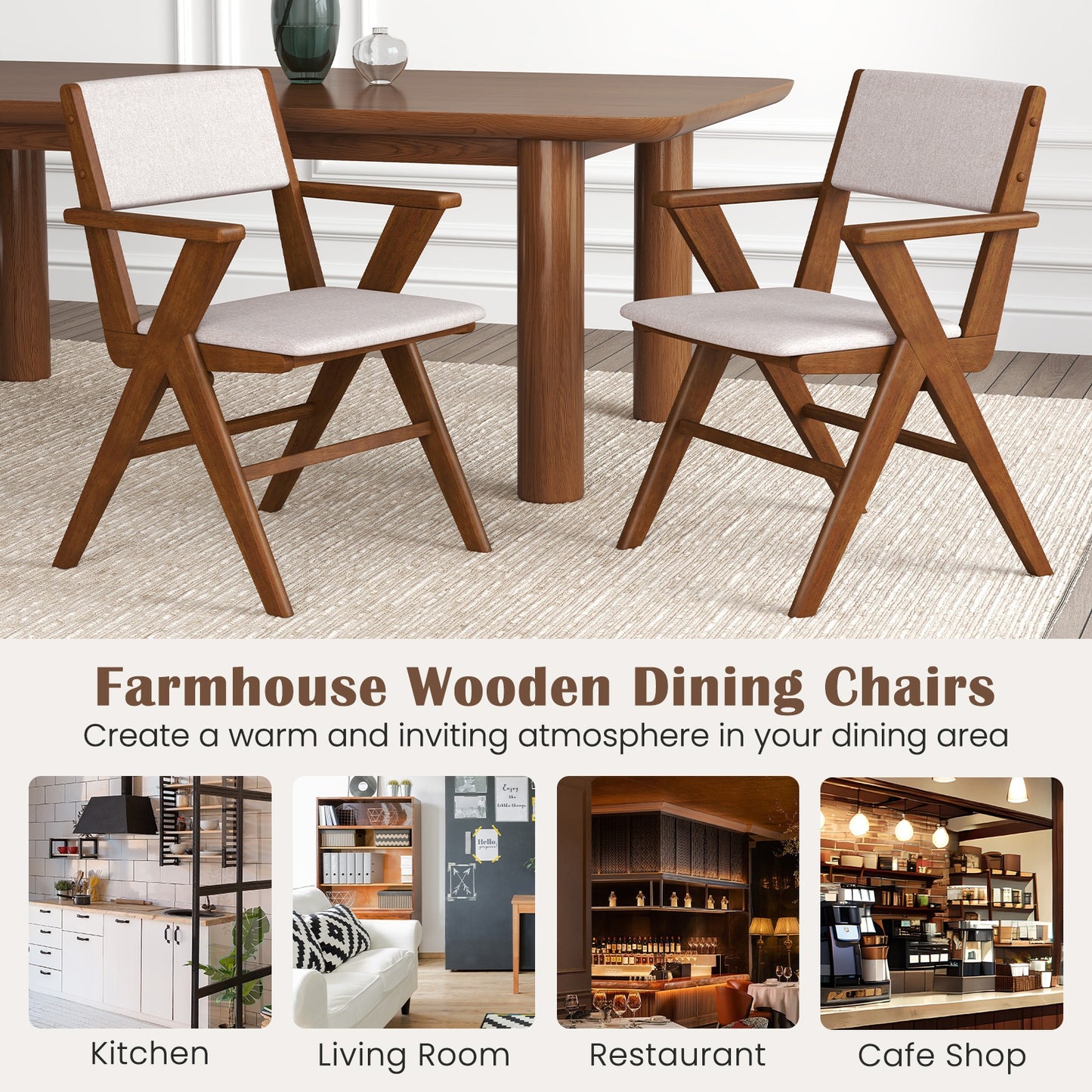 Farmhouse Dining Chairs with Curved Back and Linen Seat Rubber Wood Frame Set of 2