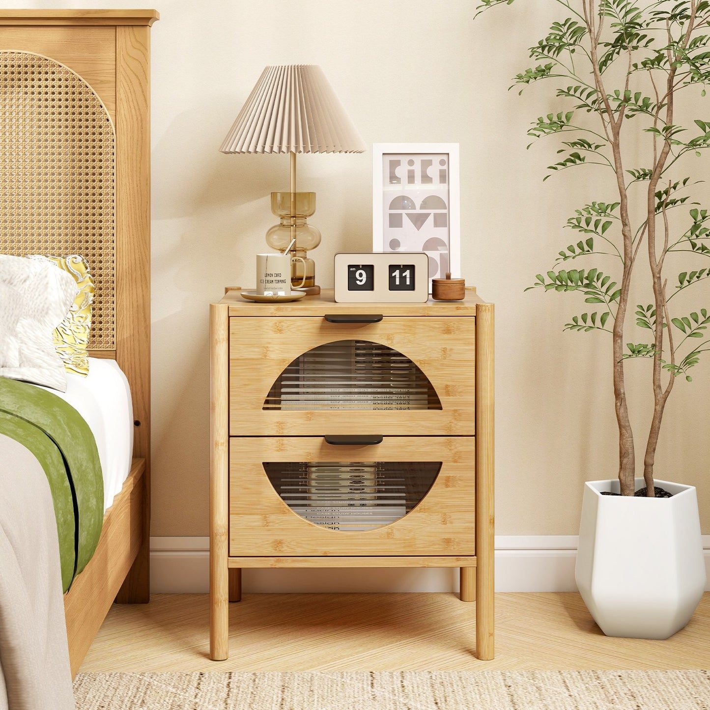 Bamboo Nightstand with 2 Drawers and Reeded Glass Fronts for Bedroom Storage