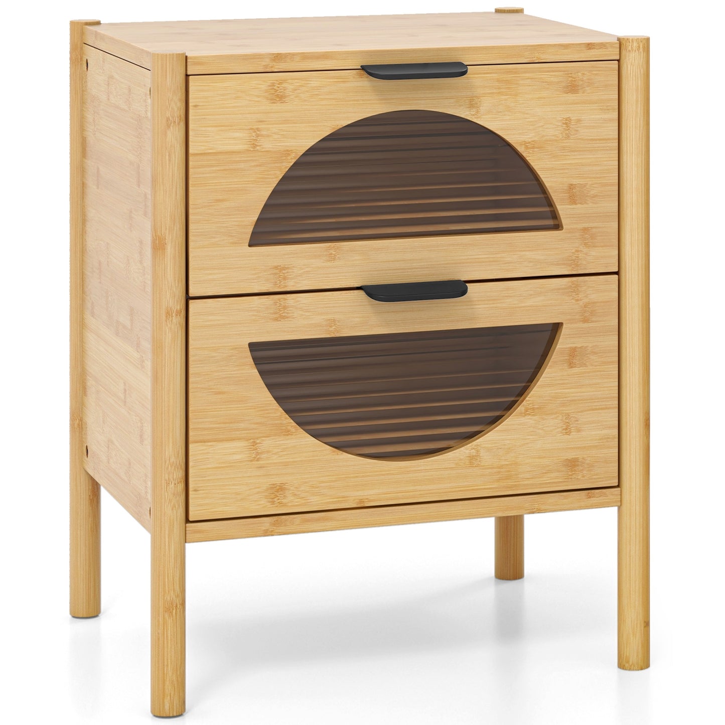 Bamboo Nightstand with 2 Drawers and Reeded Glass Fronts for Bedroom Storage