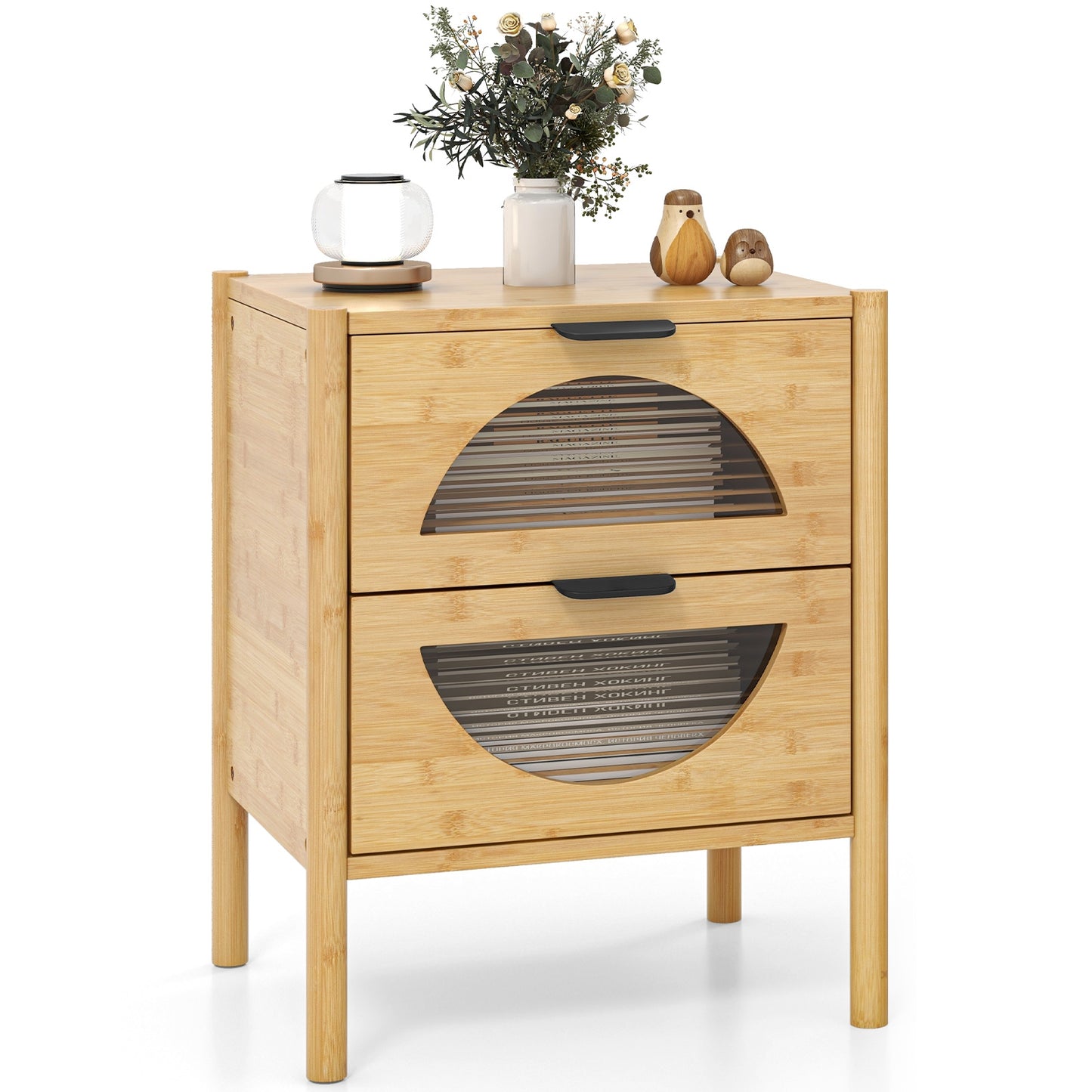 Bamboo Nightstand with 2 Drawers and Reeded Glass Fronts for Bedroom Storage