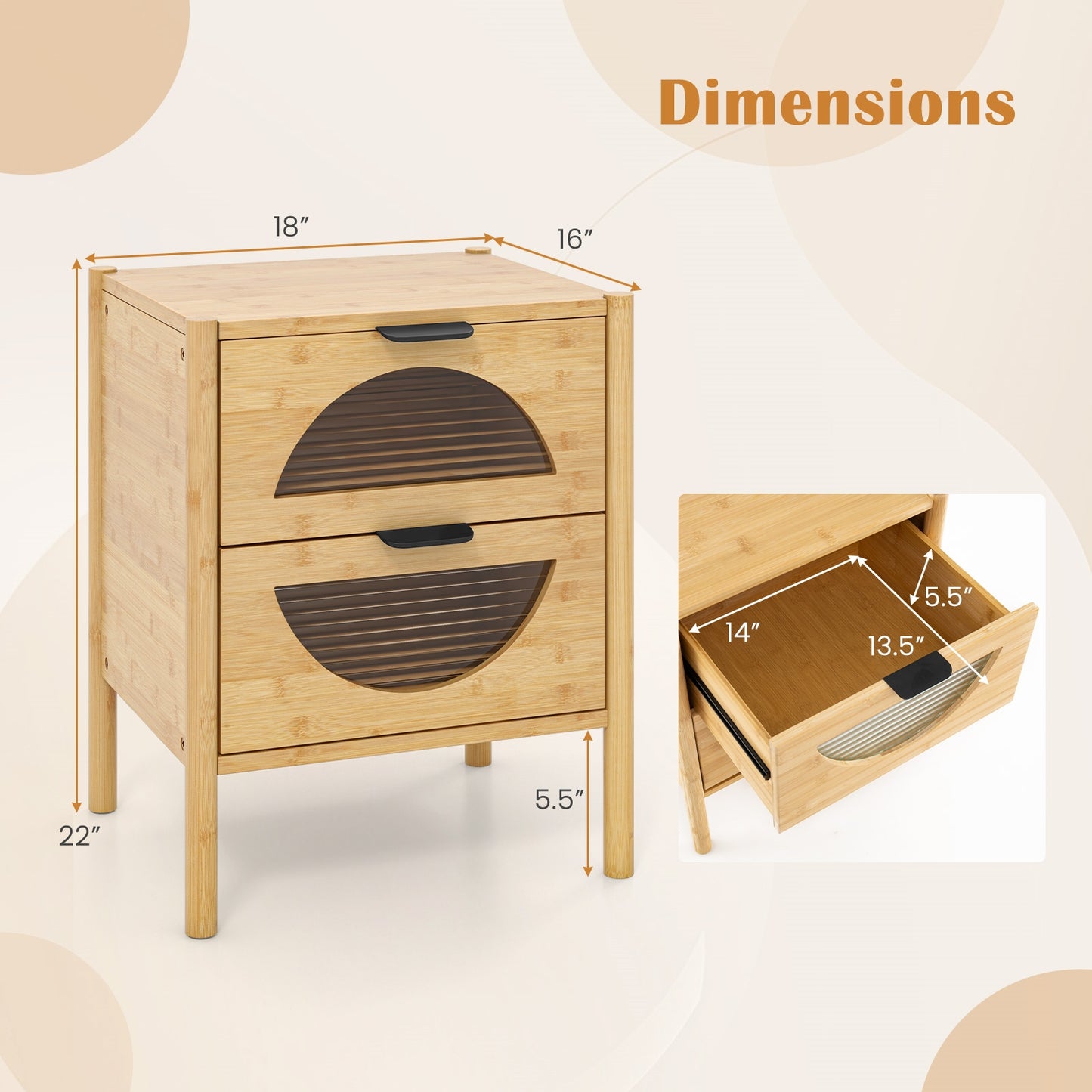 Bamboo Nightstand with 2 Drawers and Reeded Glass Fronts for Bedroom Storage