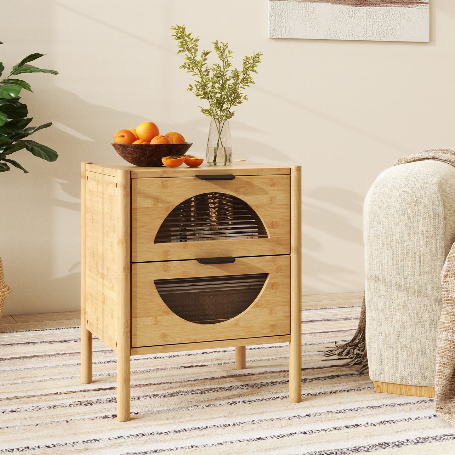 Bamboo Nightstand with 2 Drawers and Reeded Glass Fronts for Bedroom Storage