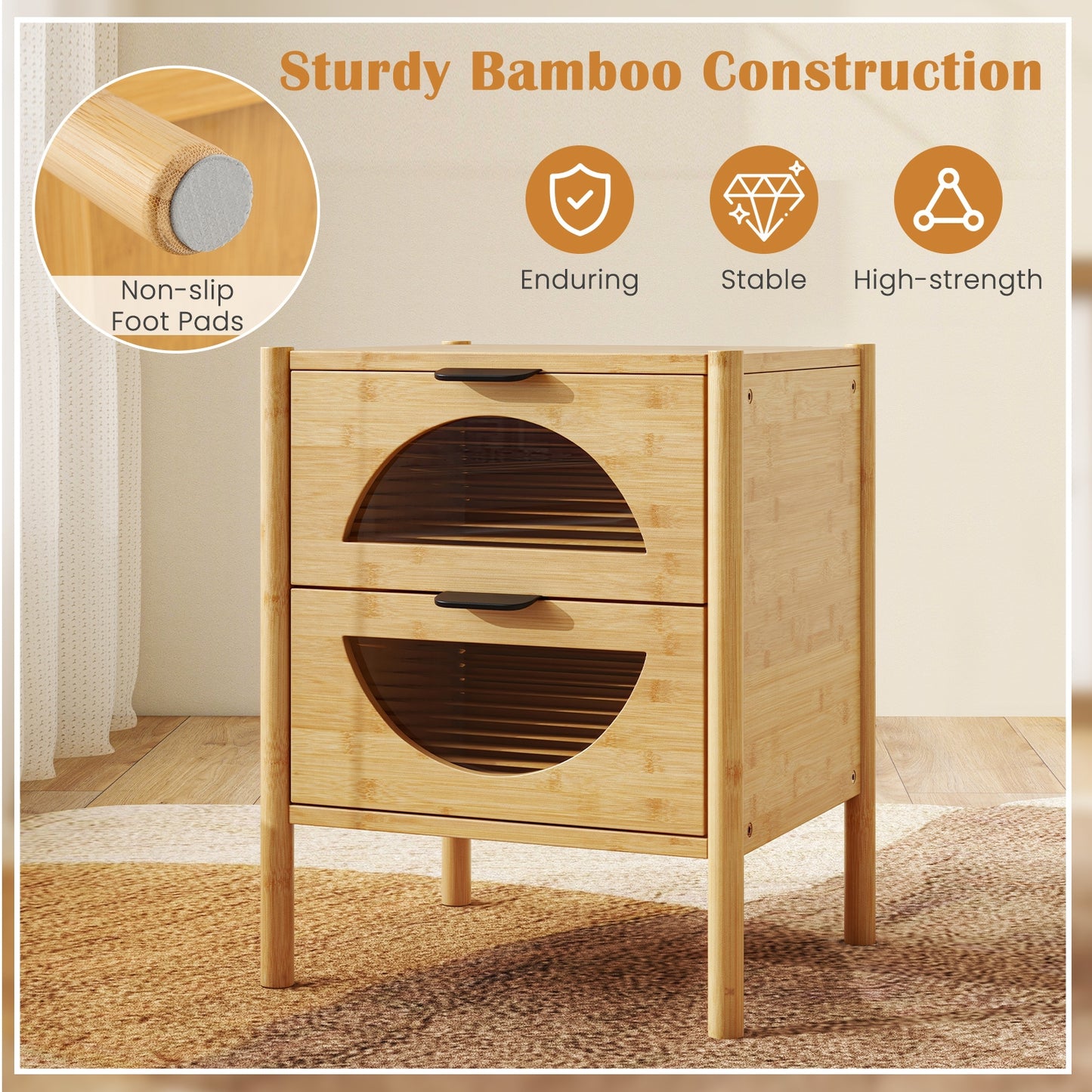 Bamboo Nightstand with 2 Drawers and Reeded Glass Fronts for Bedroom Storage