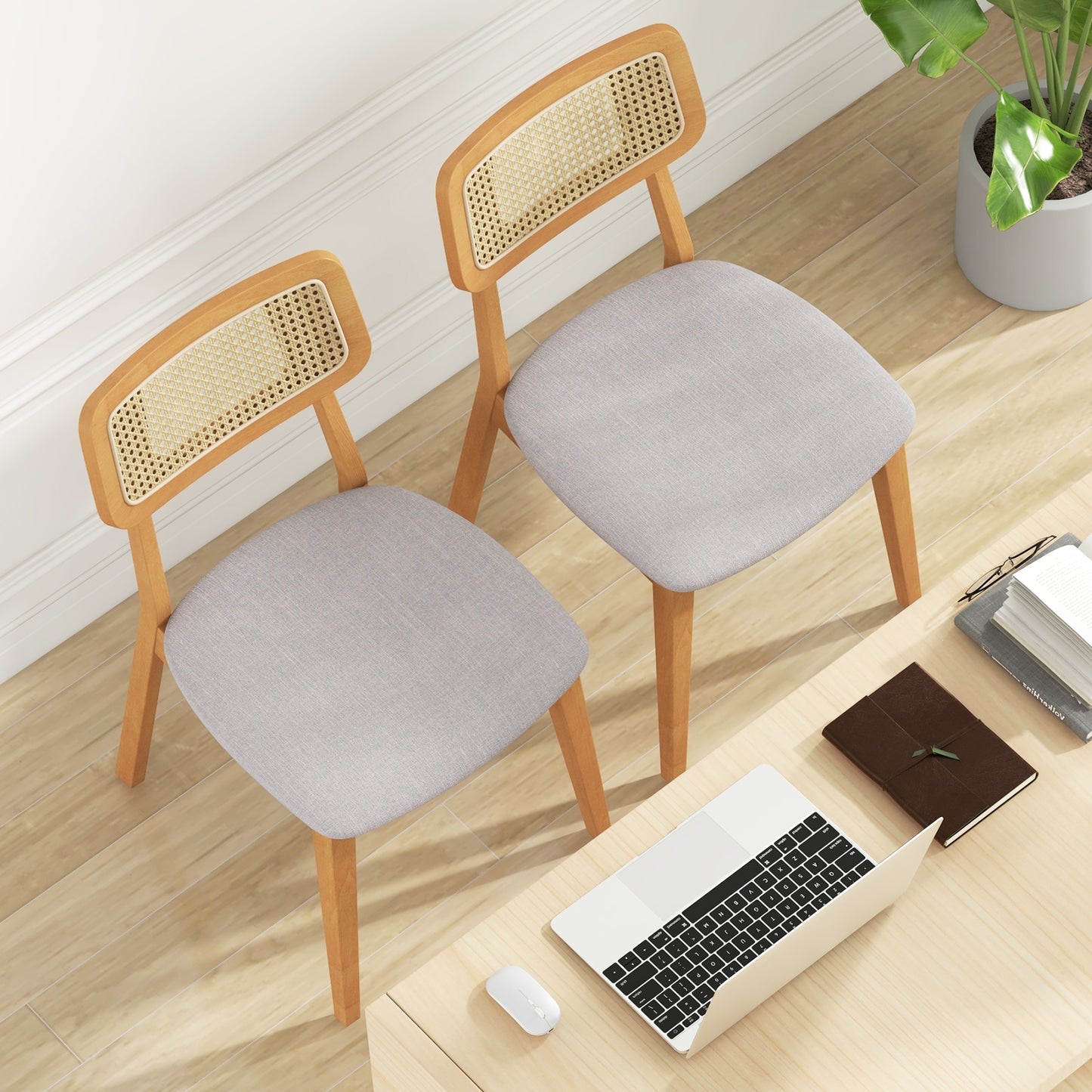 Natural Wood Rattan Back Dining Chairs with Linen Seat and Curved Backrest Set of 2
