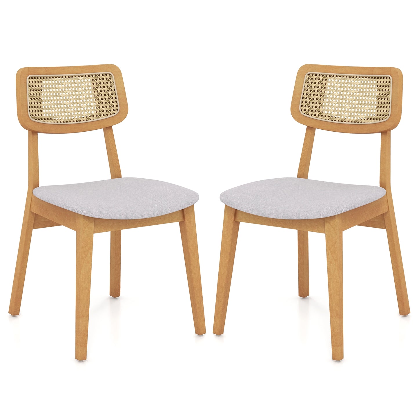 Natural Wood Rattan Back Dining Chairs with Linen Seat and Curved Backrest Set of 2