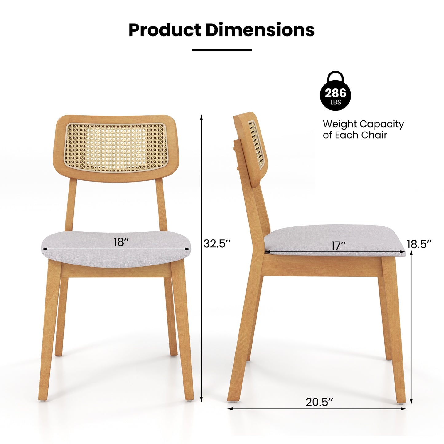 Natural Wood Rattan Back Dining Chairs with Linen Seat and Curved Backrest Set of 2