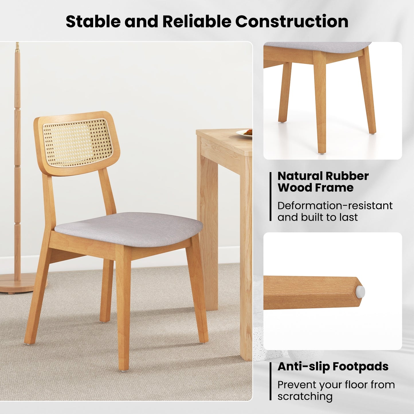 Natural Wood Rattan Back Dining Chairs with Linen Seat and Curved Backrest Set of 2