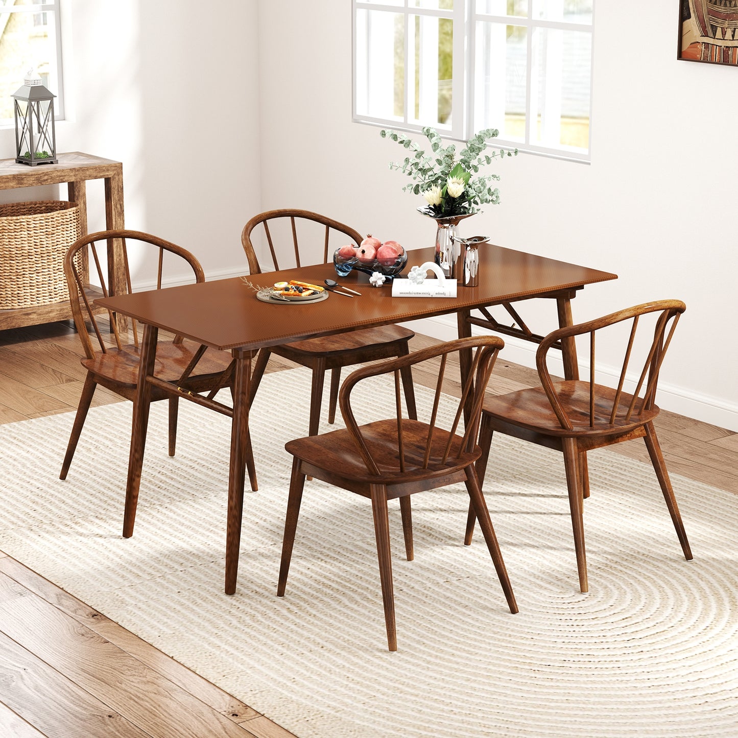 Windsor Dining Chairs with Spindle Back and Wide Seat Set of 2 Wooden Kitchen Side Chairs
