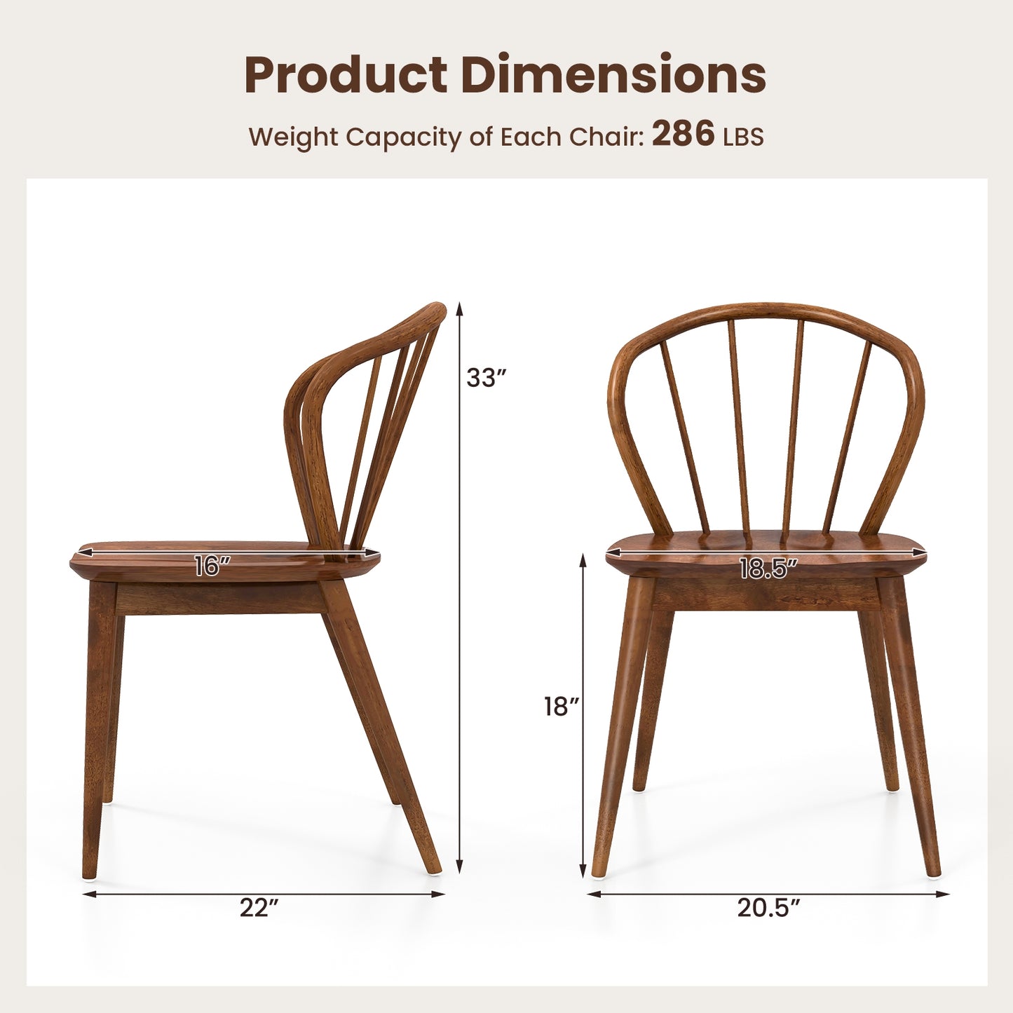 Windsor Dining Chairs with Spindle Back and Wide Seat Set of 2 Wooden Kitchen Side Chairs