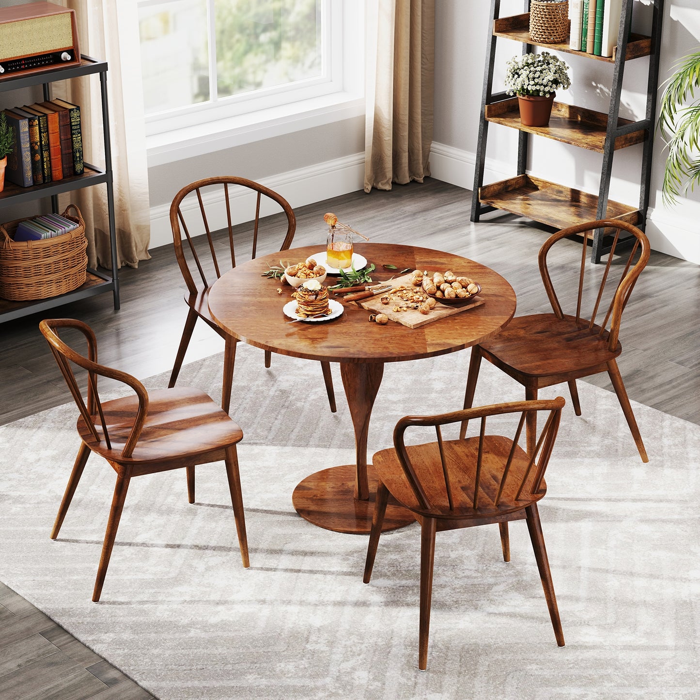 Windsor Dining Chairs with Spindle Back and Wide Seat Set of 2 Wooden Kitchen Side Chairs