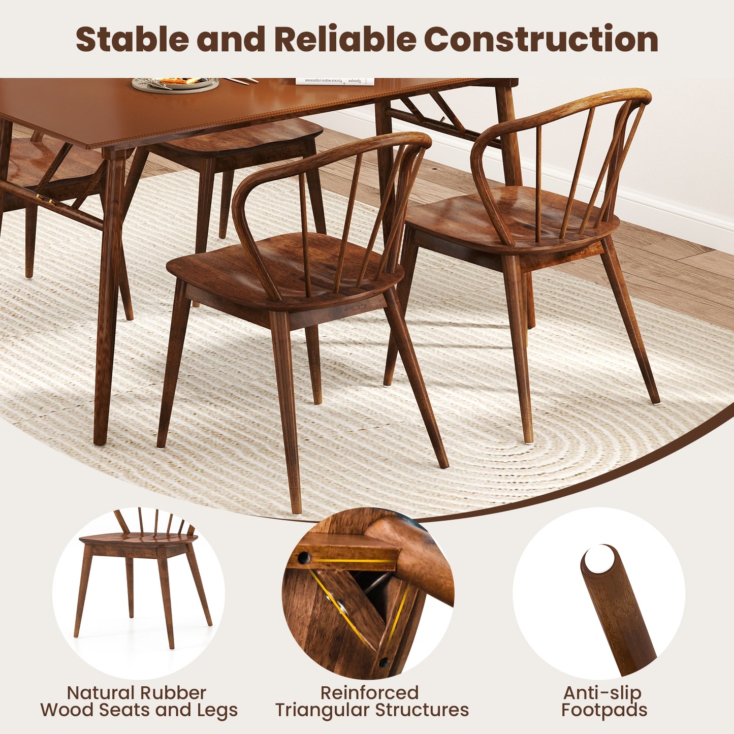 Windsor Dining Chairs with Spindle Back and Wide Seat Set of 2 Wooden Kitchen Side Chairs