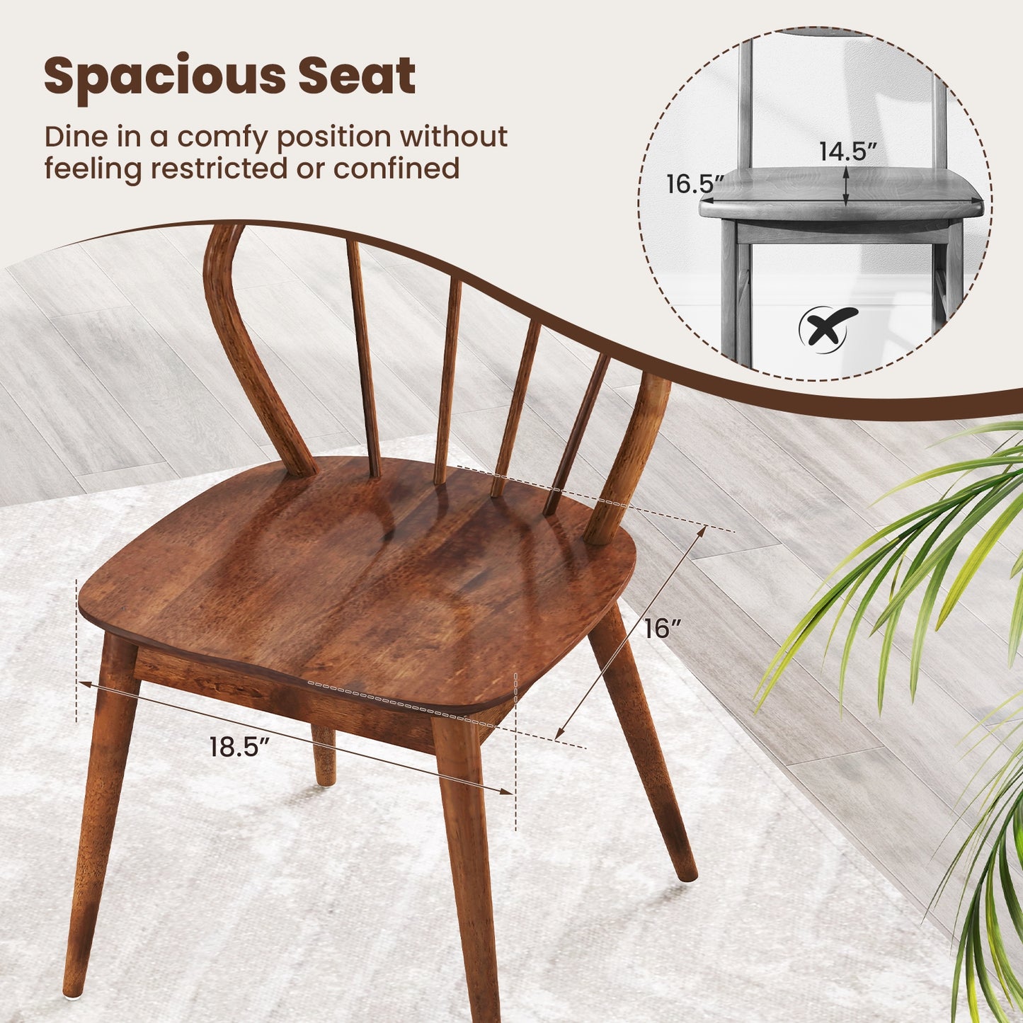 Windsor Dining Chairs with Spindle Back and Wide Seat Set of 2 Wooden Kitchen Side Chairs