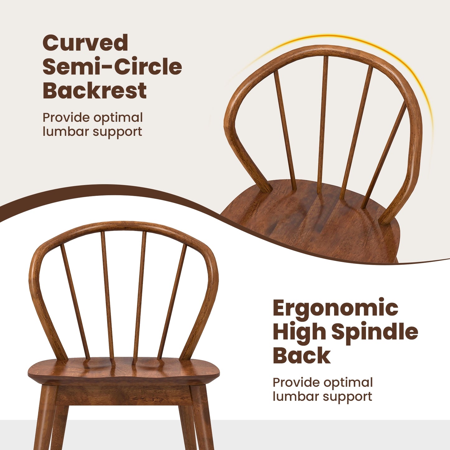 Windsor Dining Chairs with Spindle Back and Wide Seat Set of 2 Wooden Kitchen Side Chairs